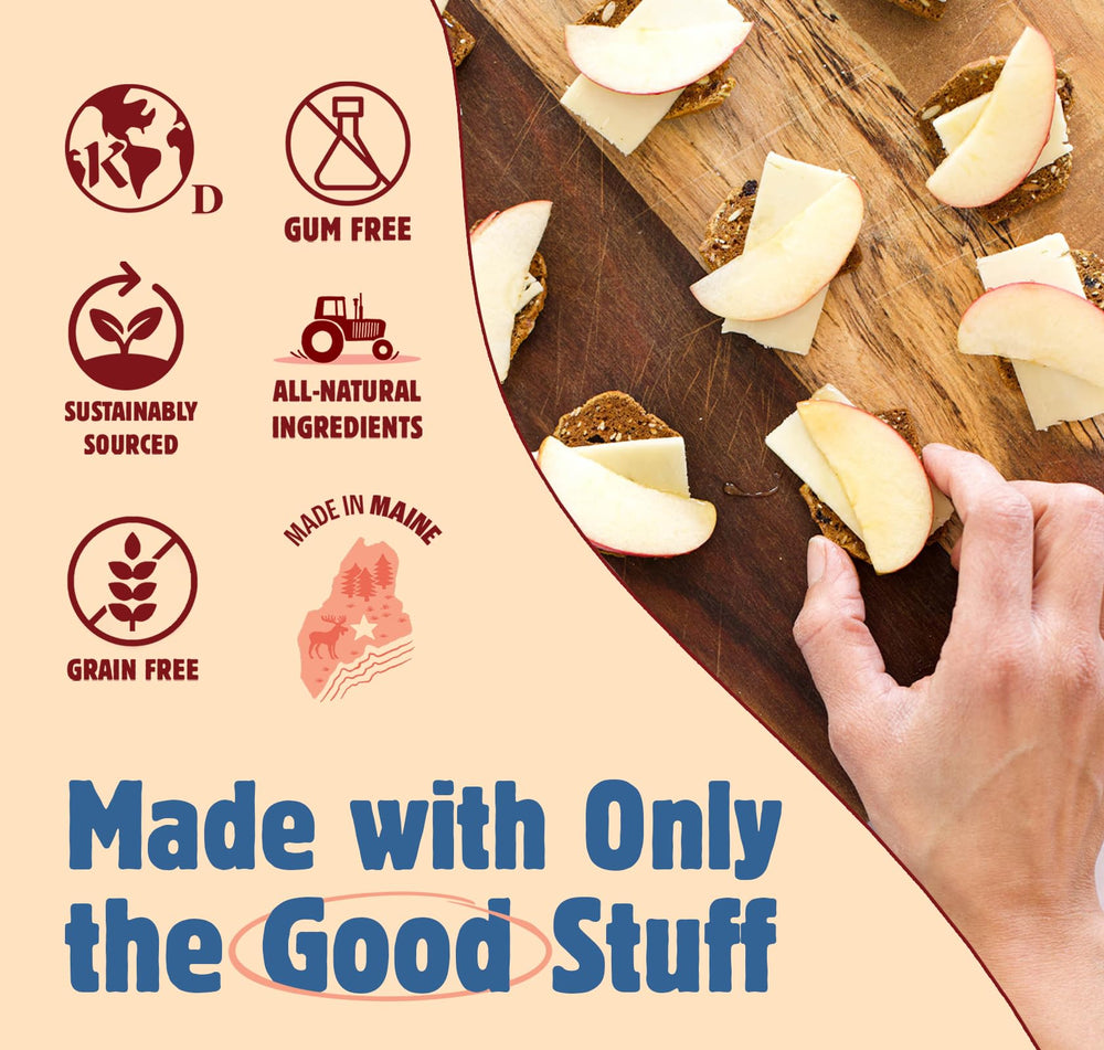 Maine Crisp Cinnamon Maple cracker with warm autumn spread, a cozy snack option.
