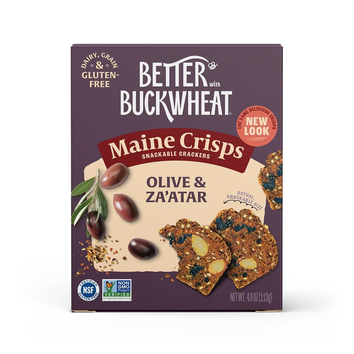 Maine Crisp Olive & Za'atar Crisps 4-pack on a board, ideal for entertaining.