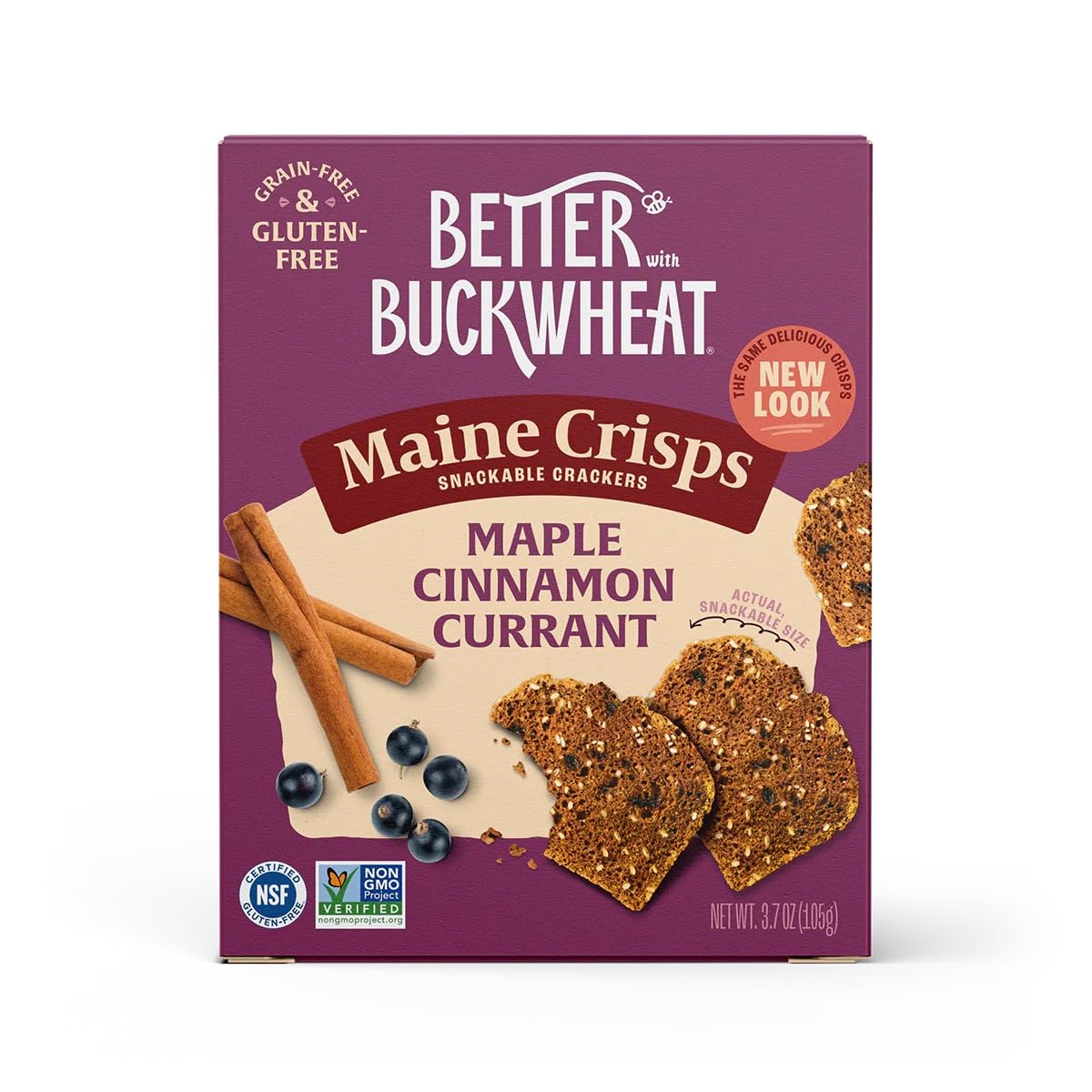 Maine Crisp Maple Cinnamon Currants Crisps pack on display for quick snacking
