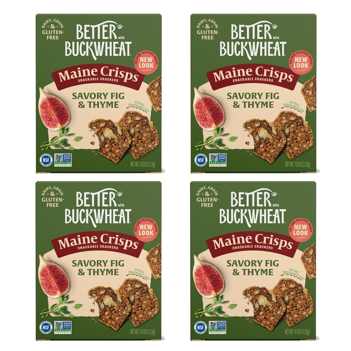 Maine Crisp Savory Fig & Thyme Crisps 4-pack displayed for entertaining