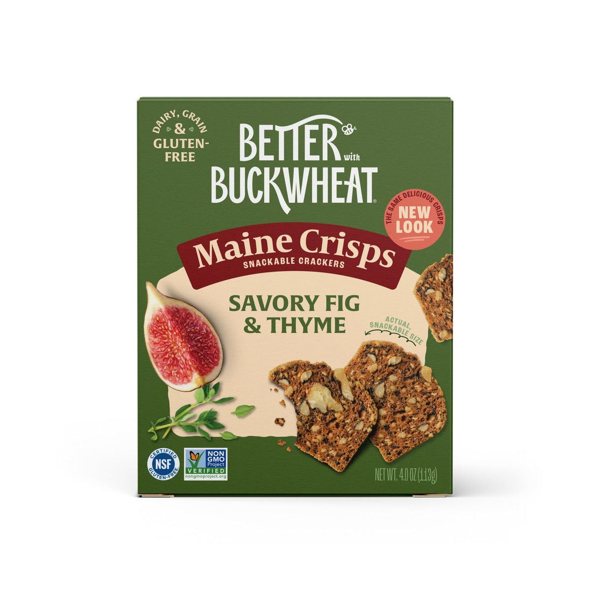 Maine Crisp Savory Fig & Thyme Crisps pack, a gluten-free snack with bold Mediterranean flavors.