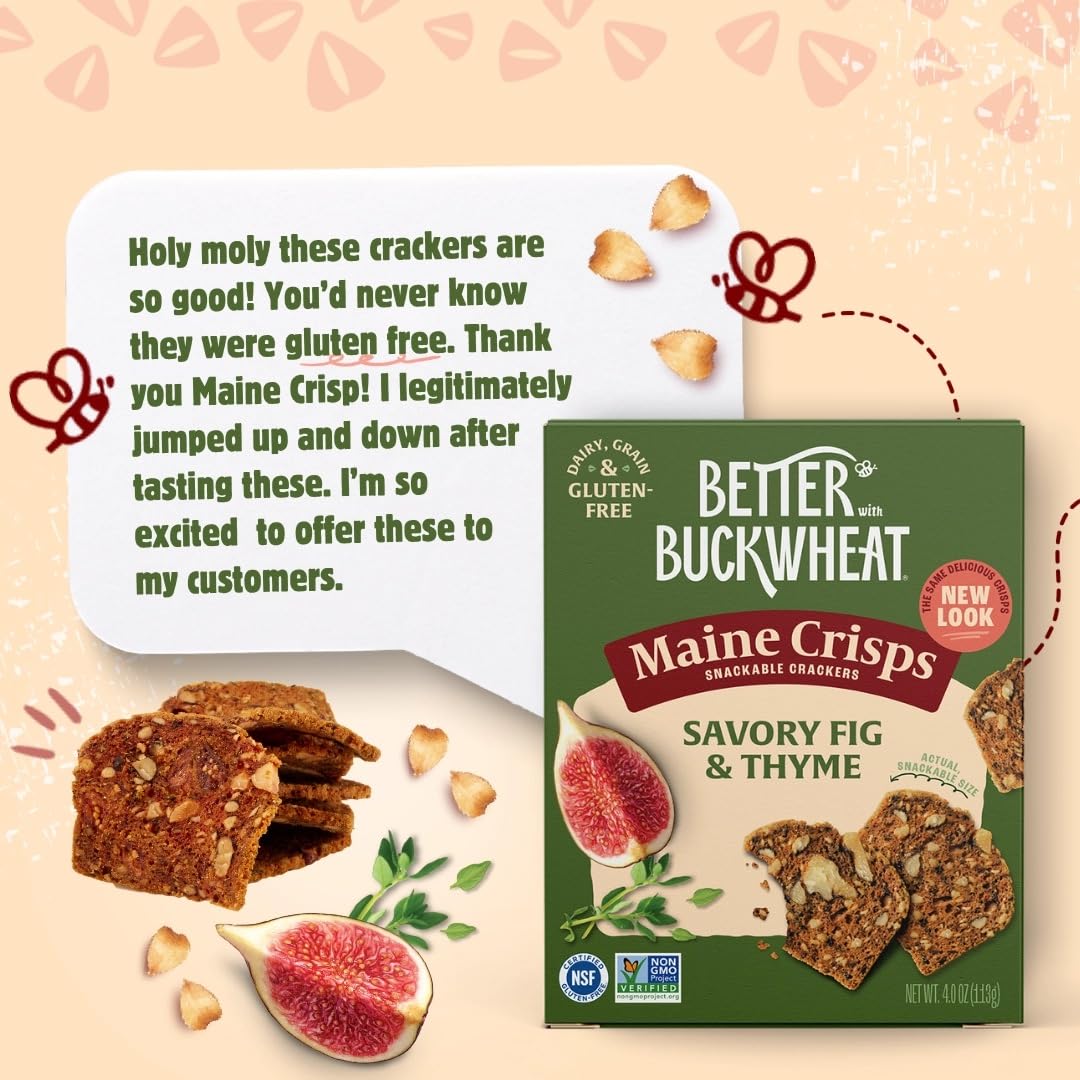 Maine Crisp Savory Fig & Thyme Crisps snack time, a wholesome bite for mindful nibbling.