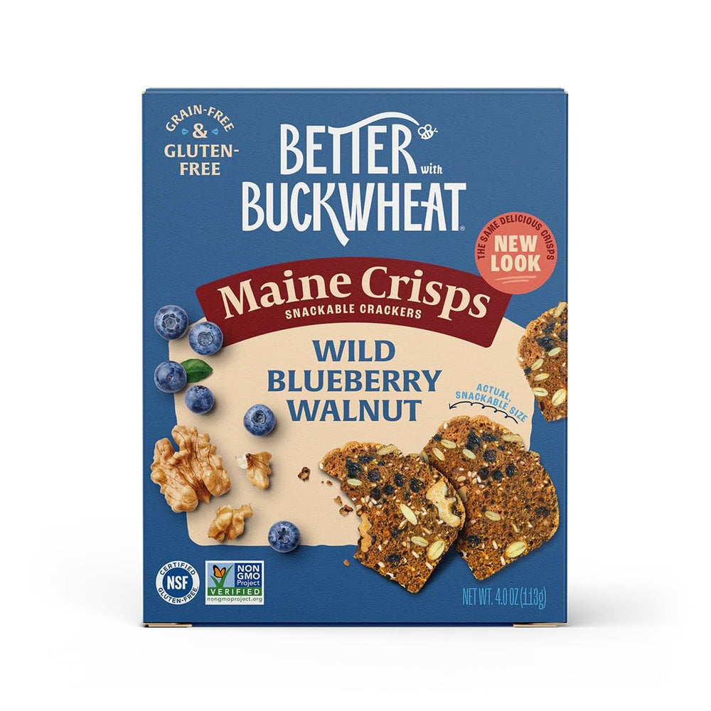 Maine Crisp Wild Blueberry Crisps pack shot showcasing gluten-free, grain-free crackers