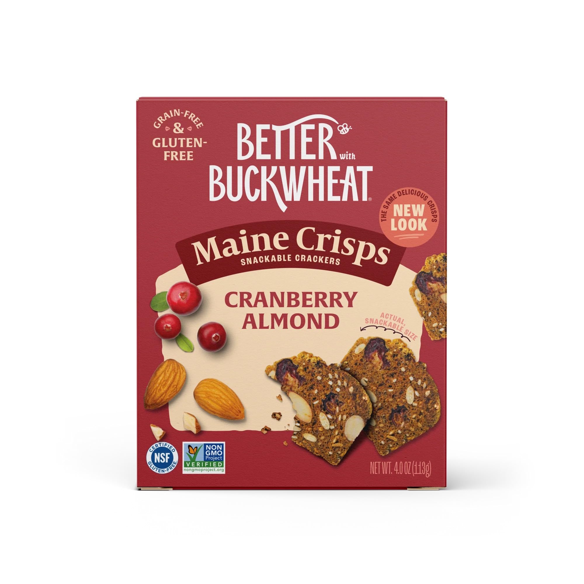 Maine Crisp Cranberry Almond Crisps pack shot showing gluten-free, non-GMO packaging.