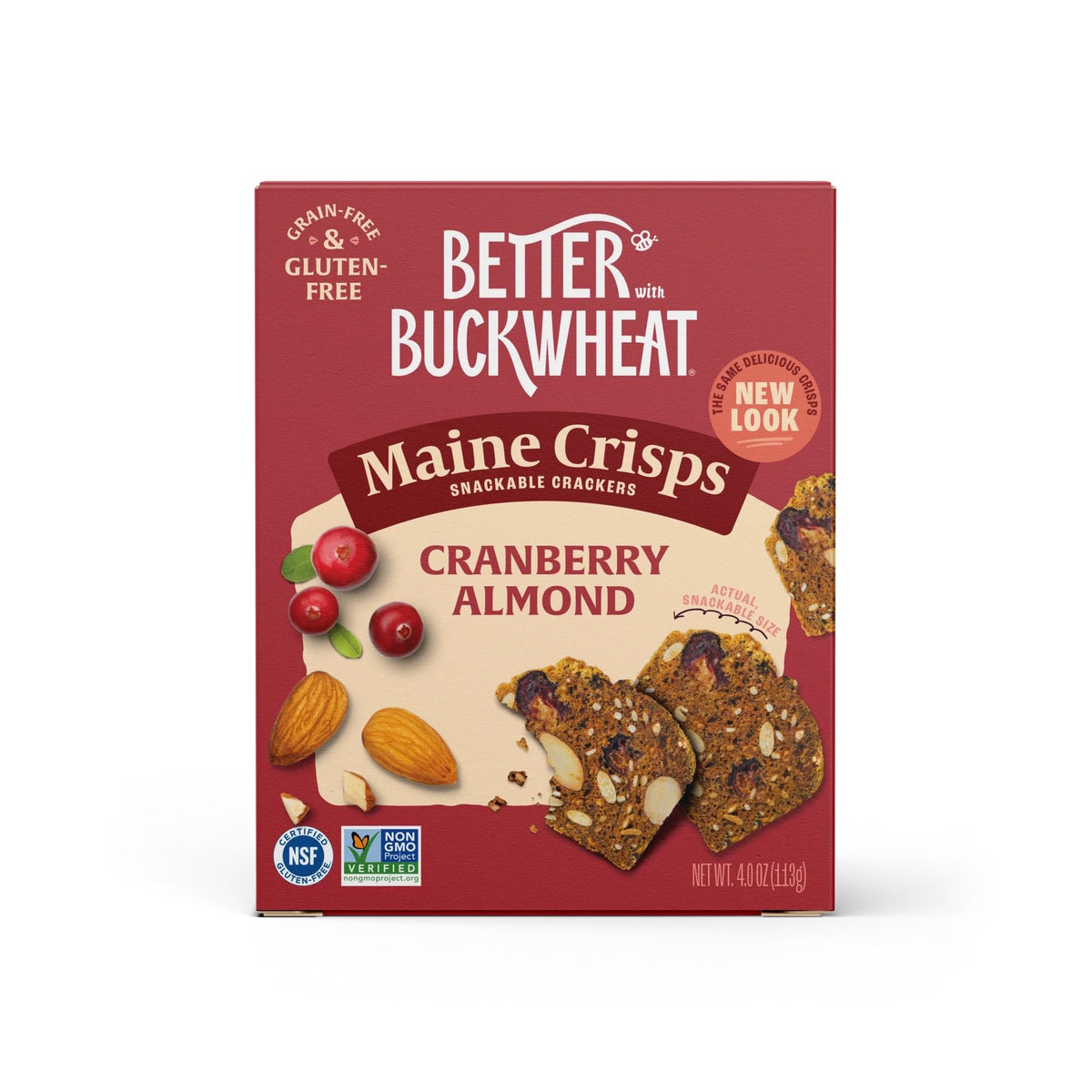 Maine Crisp Cranberry Almond Crisps pack shot showing gluten-free, non-GMO packaging.