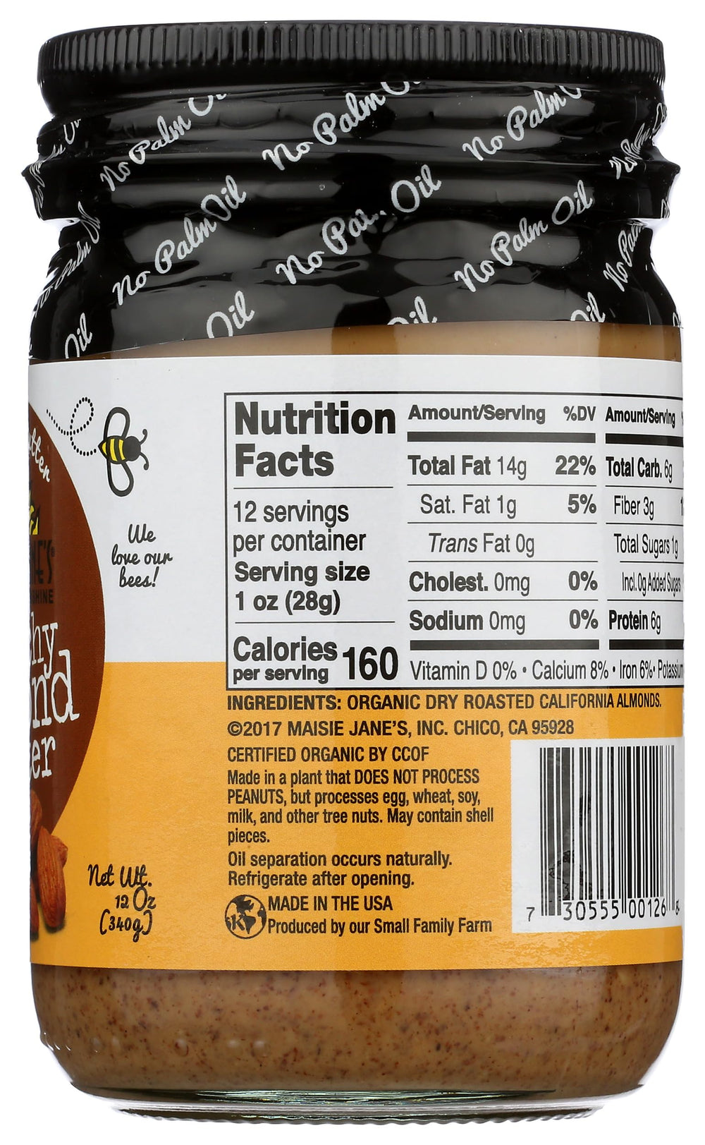 Label close-up of Maisie Jane's Crunchy Almond Butter