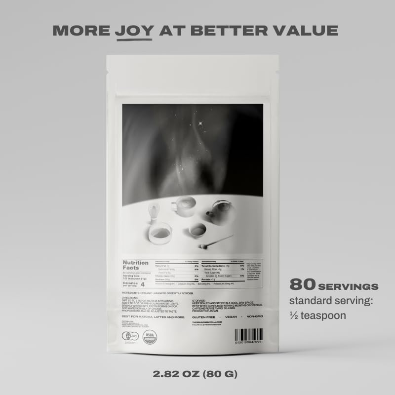 Maison Matcha latte preparation; unsweetened powder for creamy beverages.