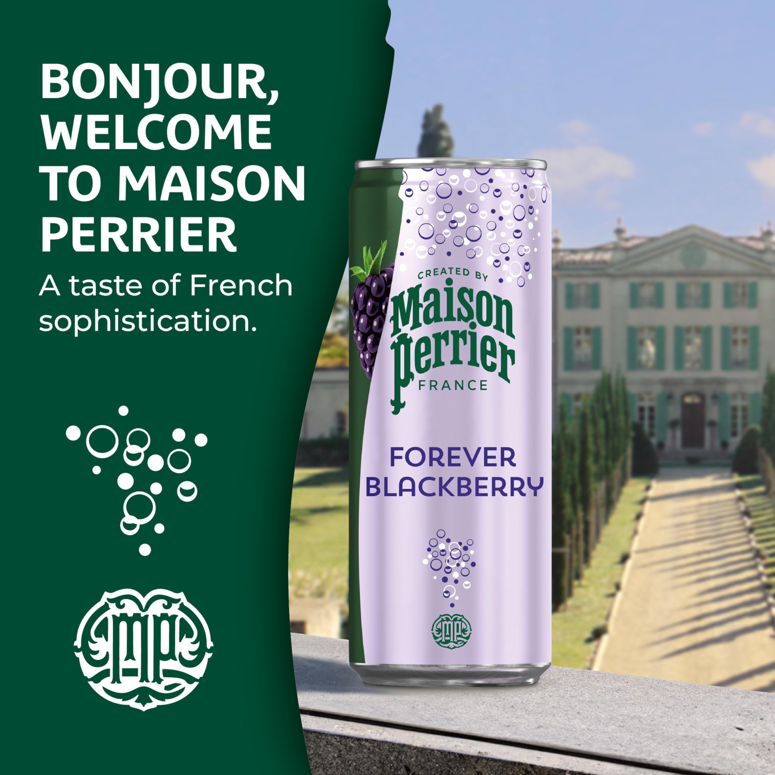 Three-pack Maison Perrier Forever Blackberry cans on table