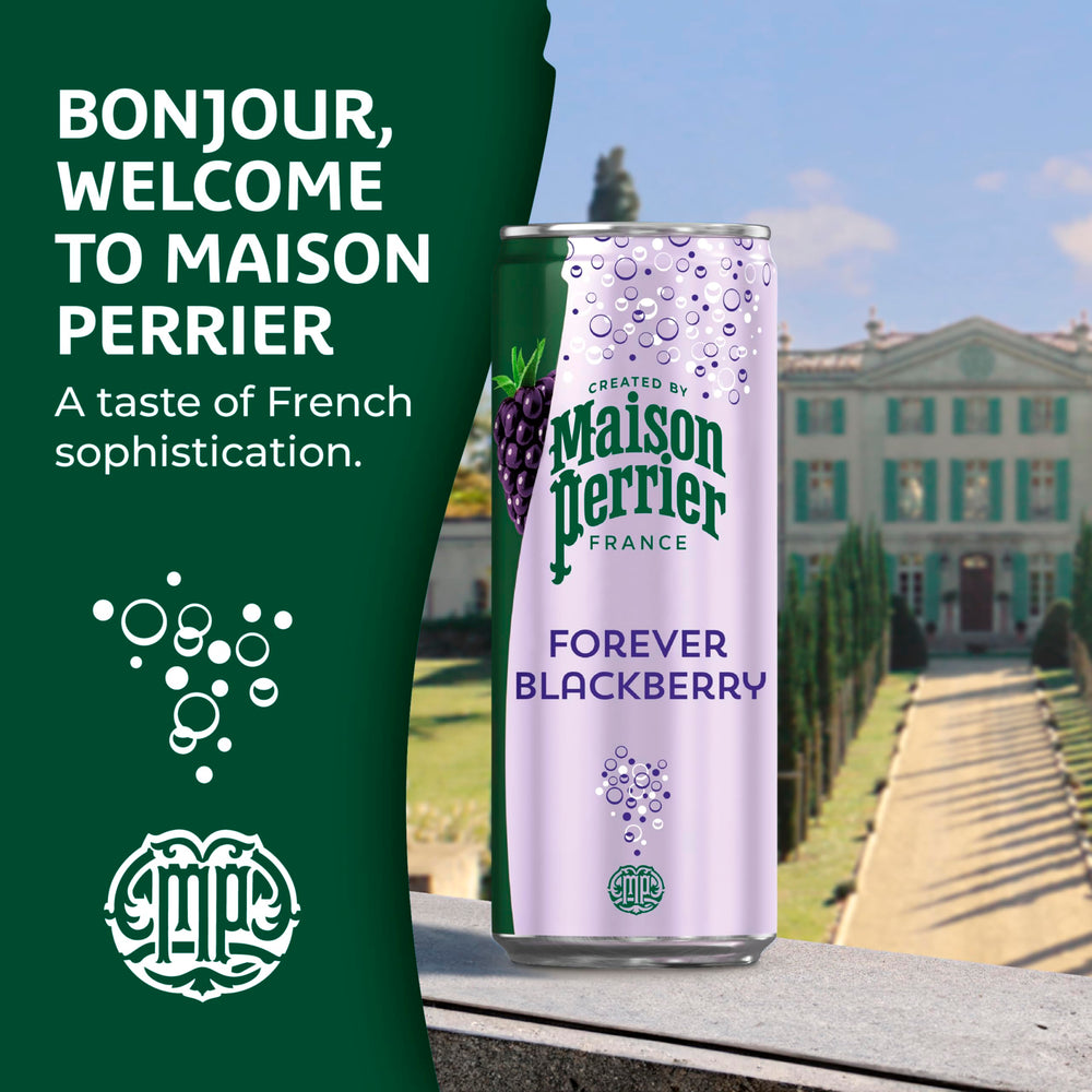 Three-pack Maison Perrier Forever Blackberry cans on table