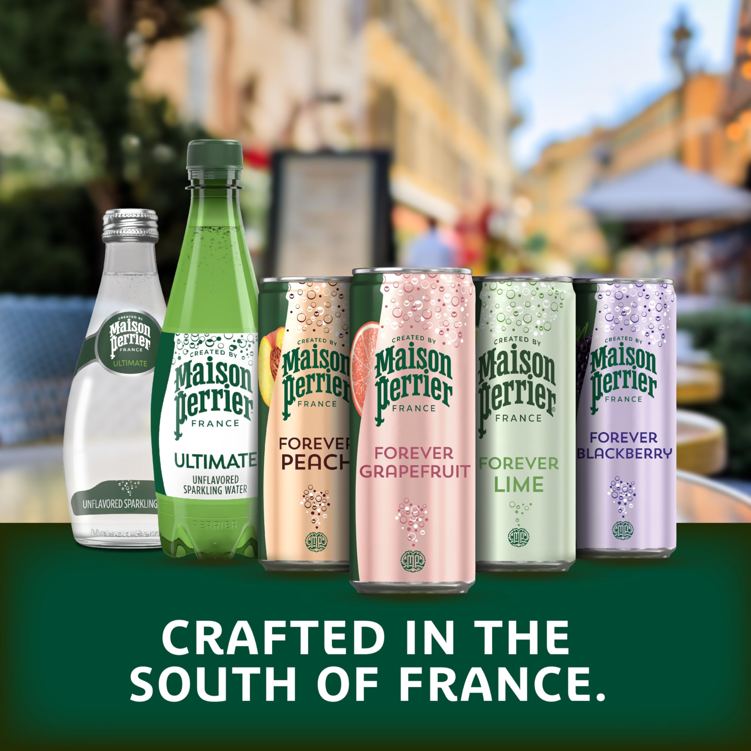 Maison Perrier Forever Grapefruit kitchen setup suggests easy entertaining or on-the-go refreshment