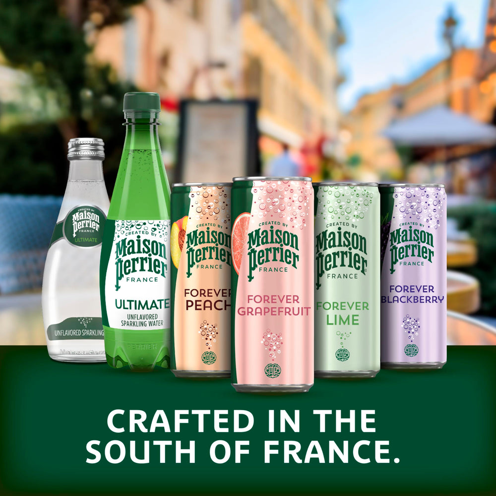 Maison Perrier Forever Grapefruit kitchen setup suggests easy entertaining or on-the-go refreshment