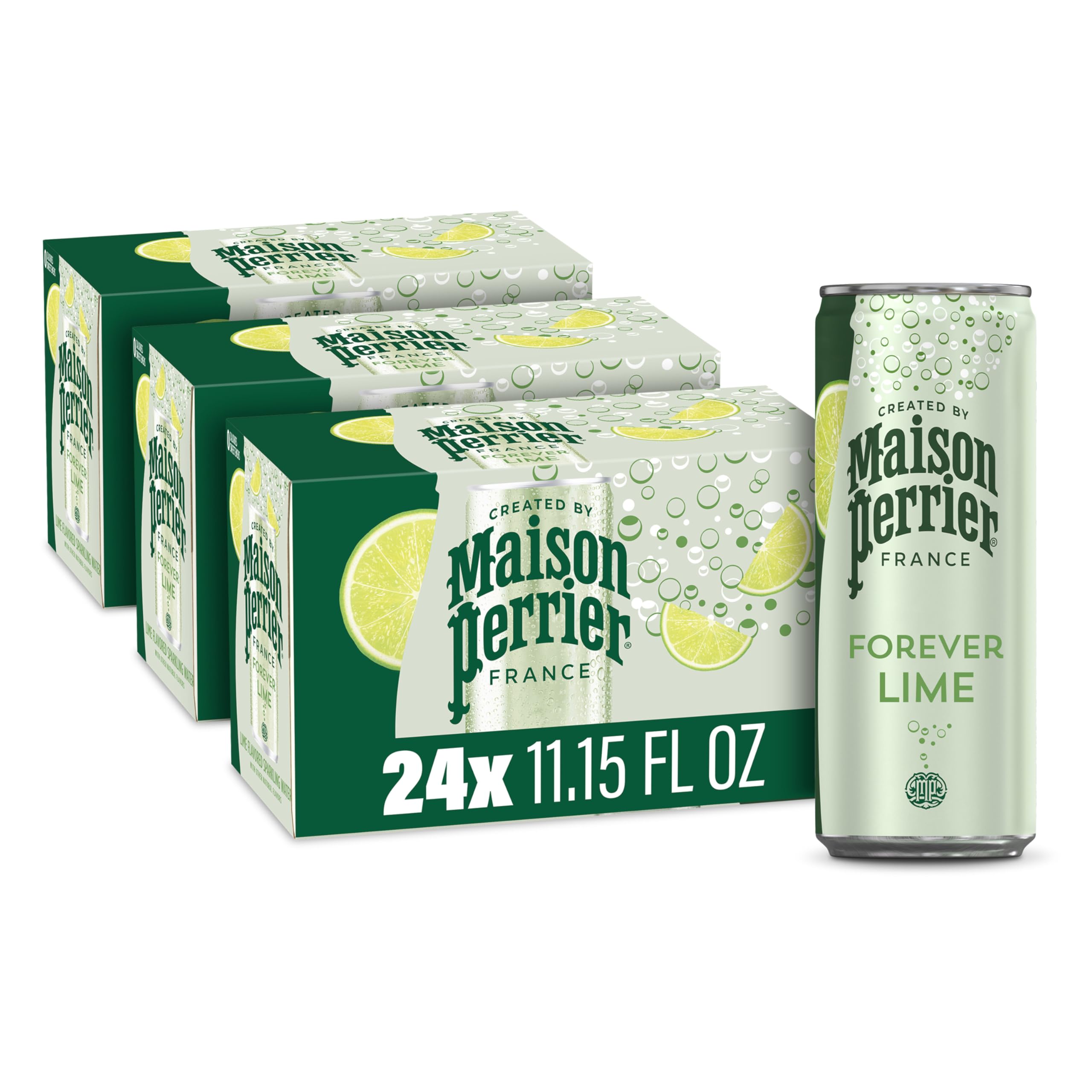 Maison Perrier Forever Lime cans on fridge shelf for quick refreshment