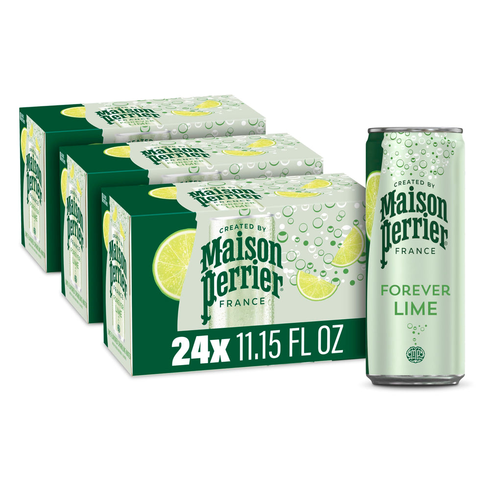 Maison Perrier Forever Lime cans on fridge shelf for quick refreshment