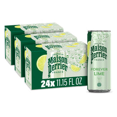 Maison Perrier Forever Lime cans on fridge shelf for quick refreshment