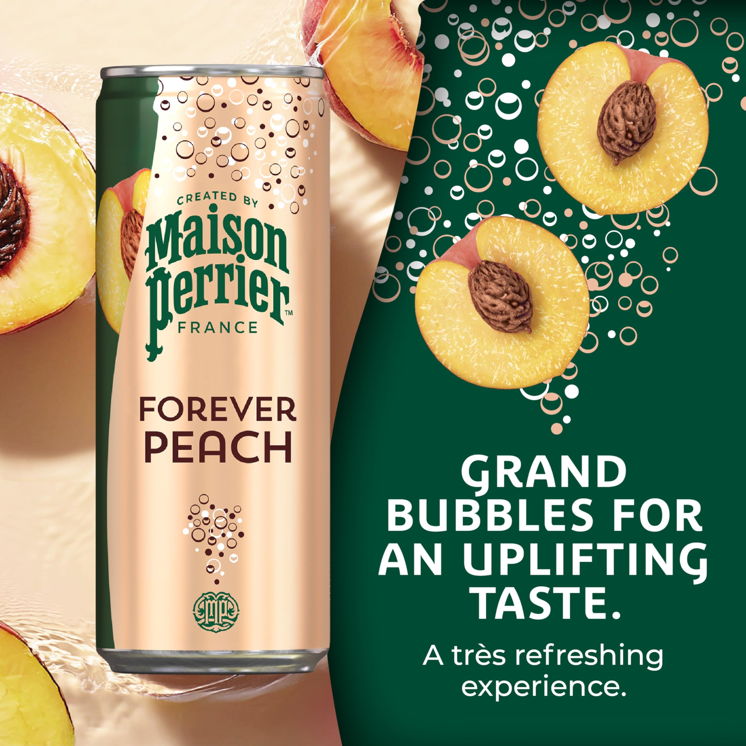 Glass pouring pours Maison Perrier Forever Peach for a fragrant, sugar-free experience.