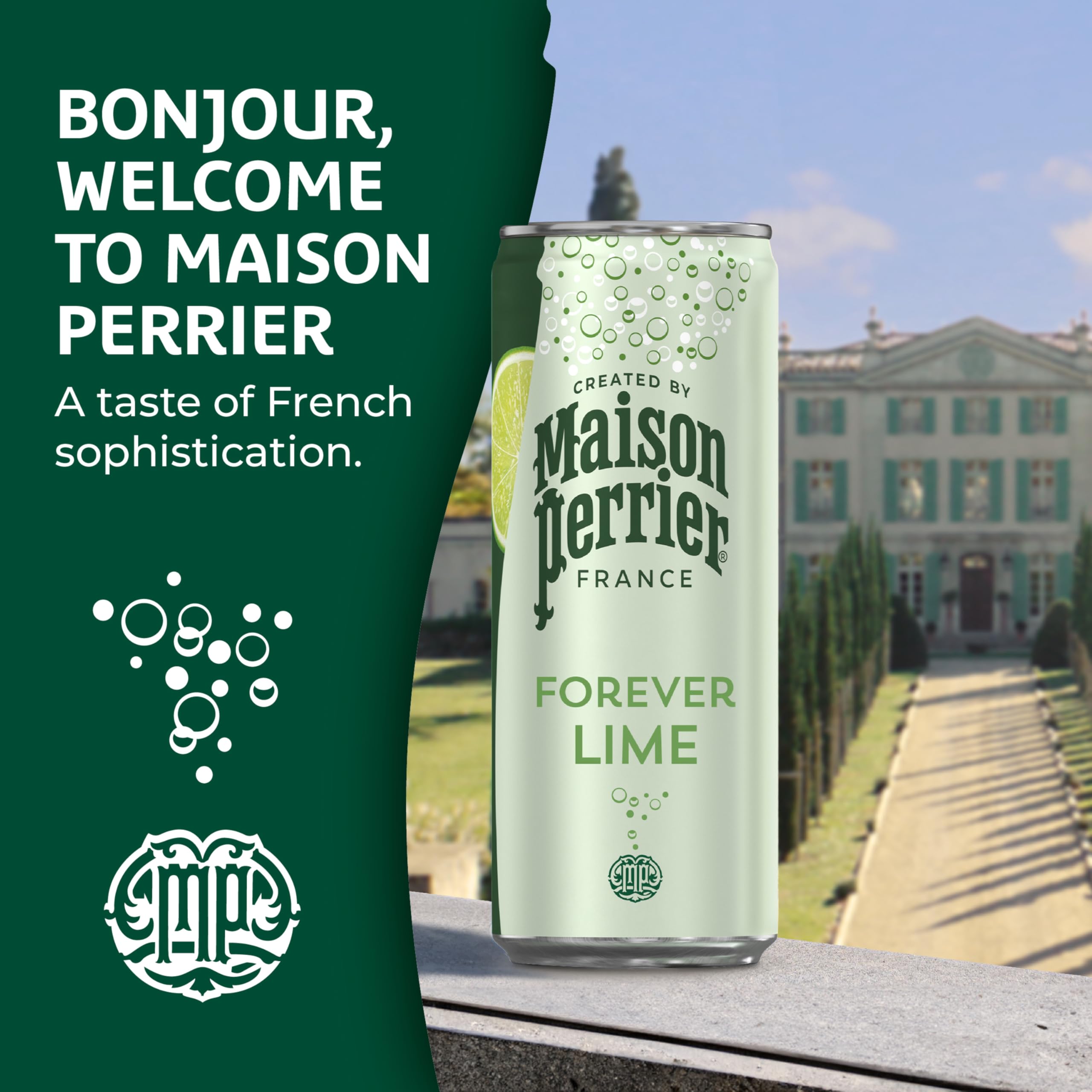 Maison Perrier Forever Lime bottle with glass, French premium mood
