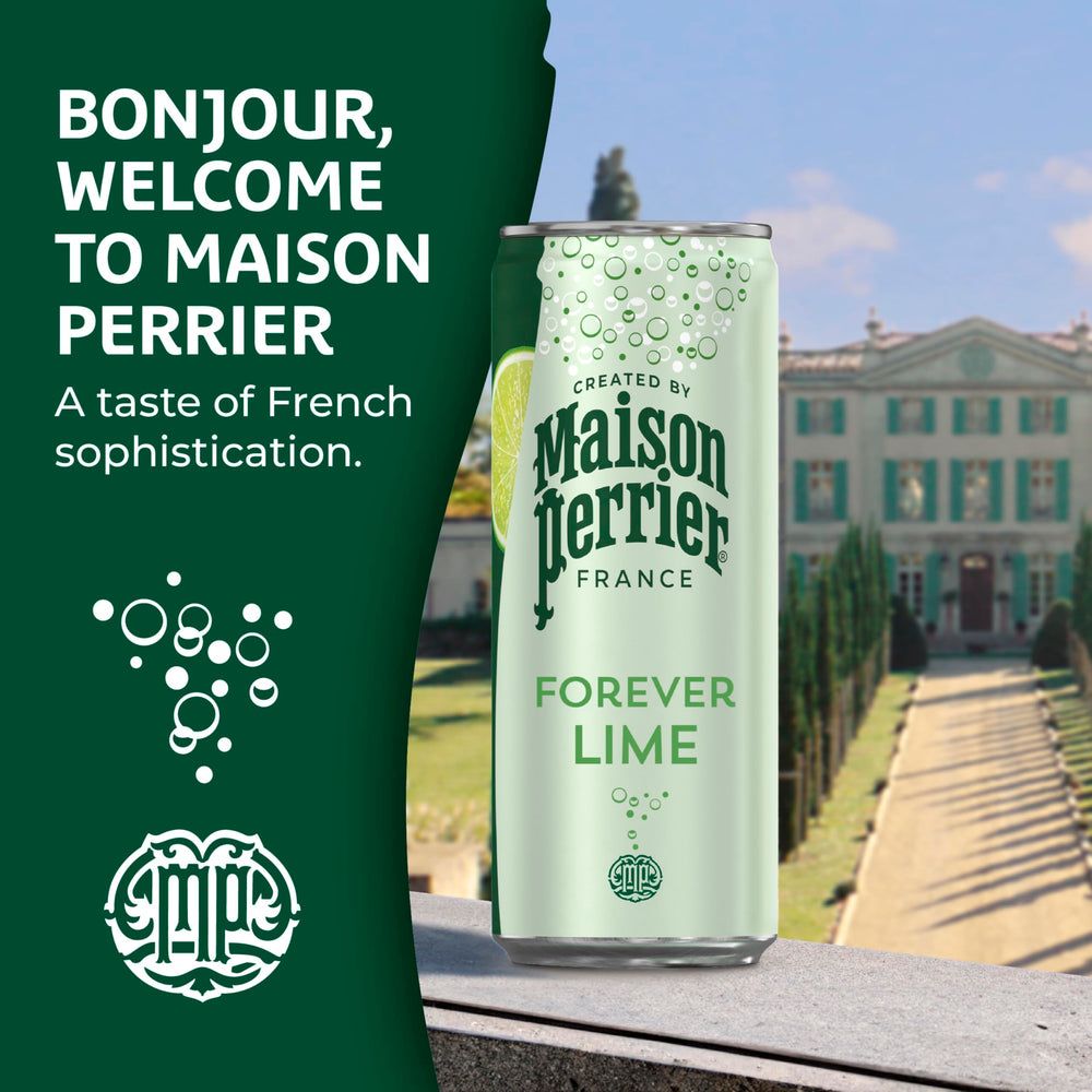 Maison Perrier Forever Lime bottle with glass, French premium mood