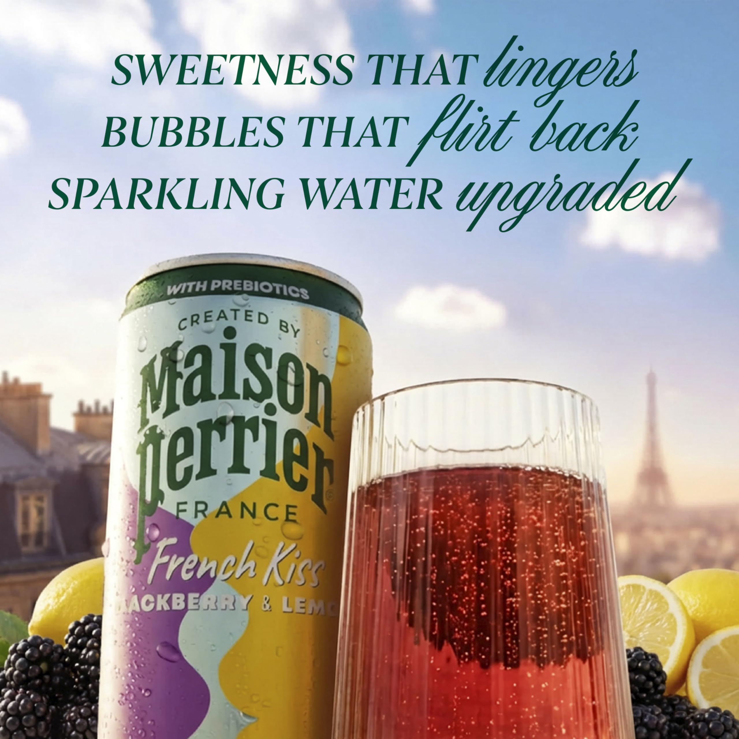 Maison Perrier French Kiss bottle detailing real fruit juice ingredients, inviting a healthier indulgence.