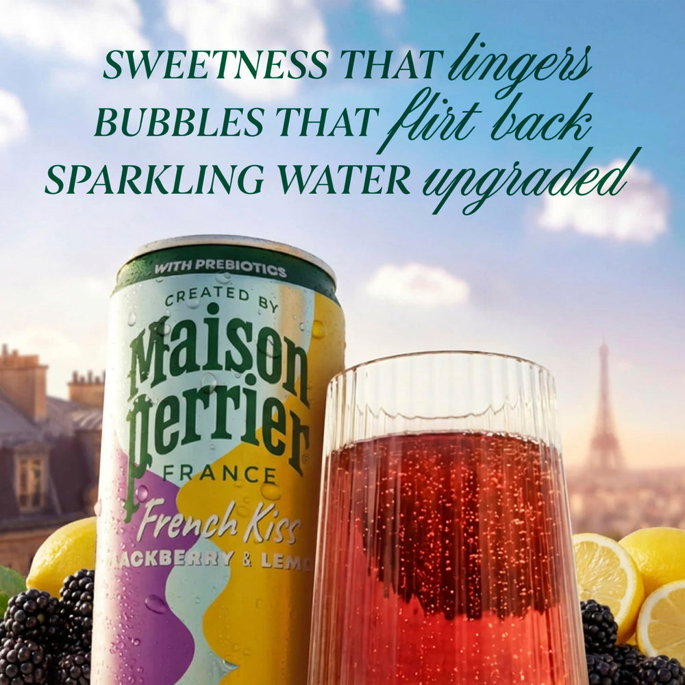 Maison Perrier French Kiss bottle detailing real fruit juice ingredients, inviting a healthier indulgence.