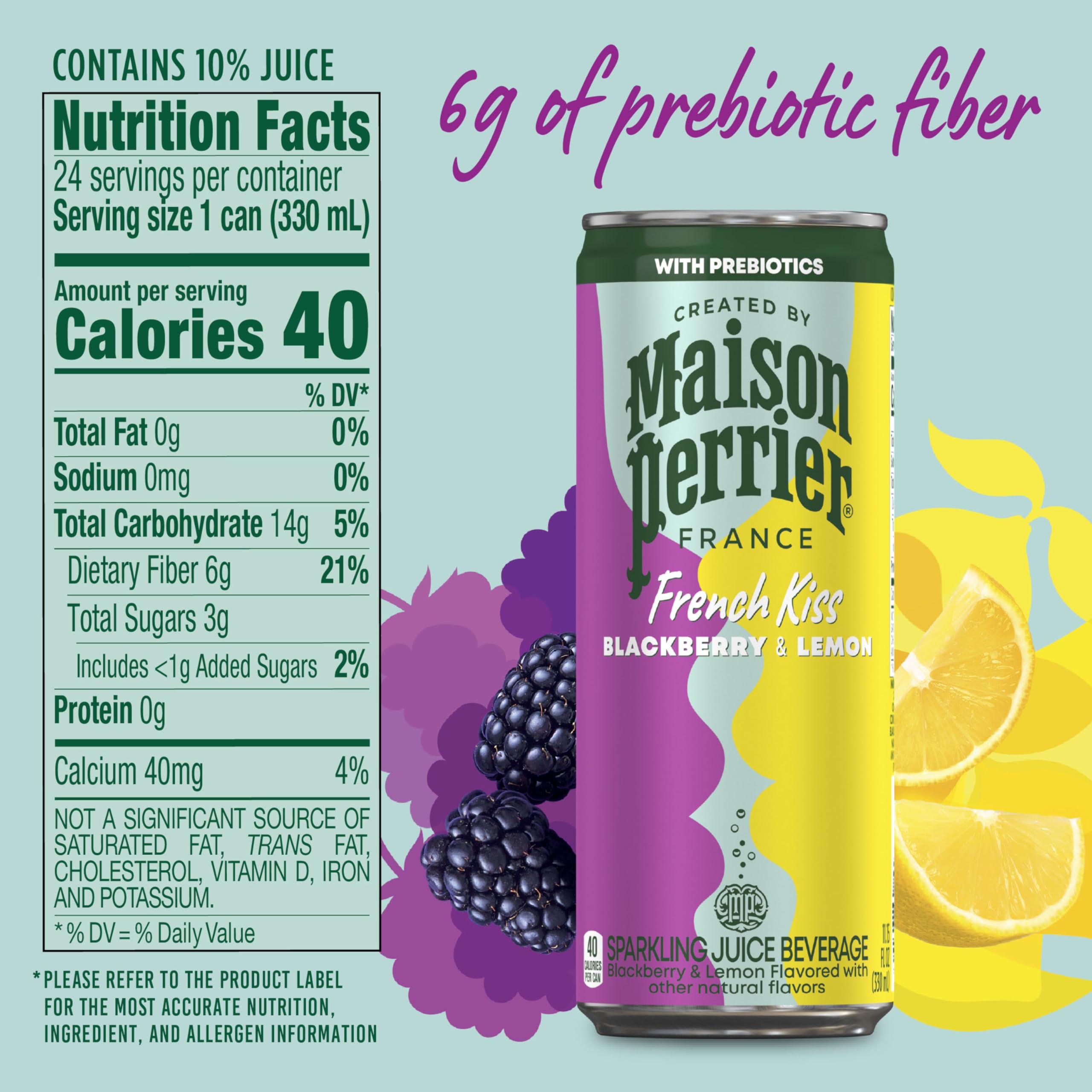 Maison Perrier French Kiss can resting with bubbles, highlighting real fruit juice for a flavorful refreshment.