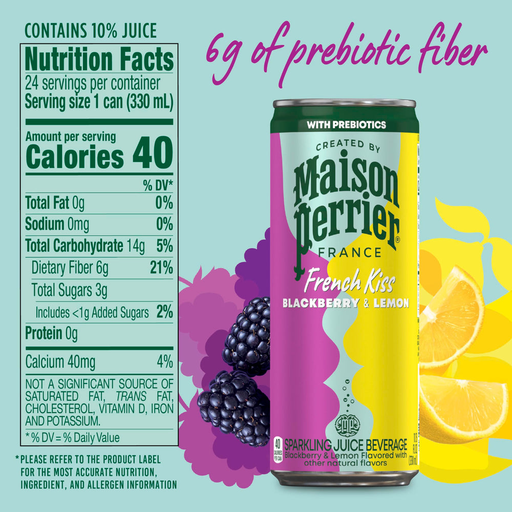 Maison Perrier French Kiss can resting with bubbles, highlighting real fruit juice for a flavorful refreshment.
