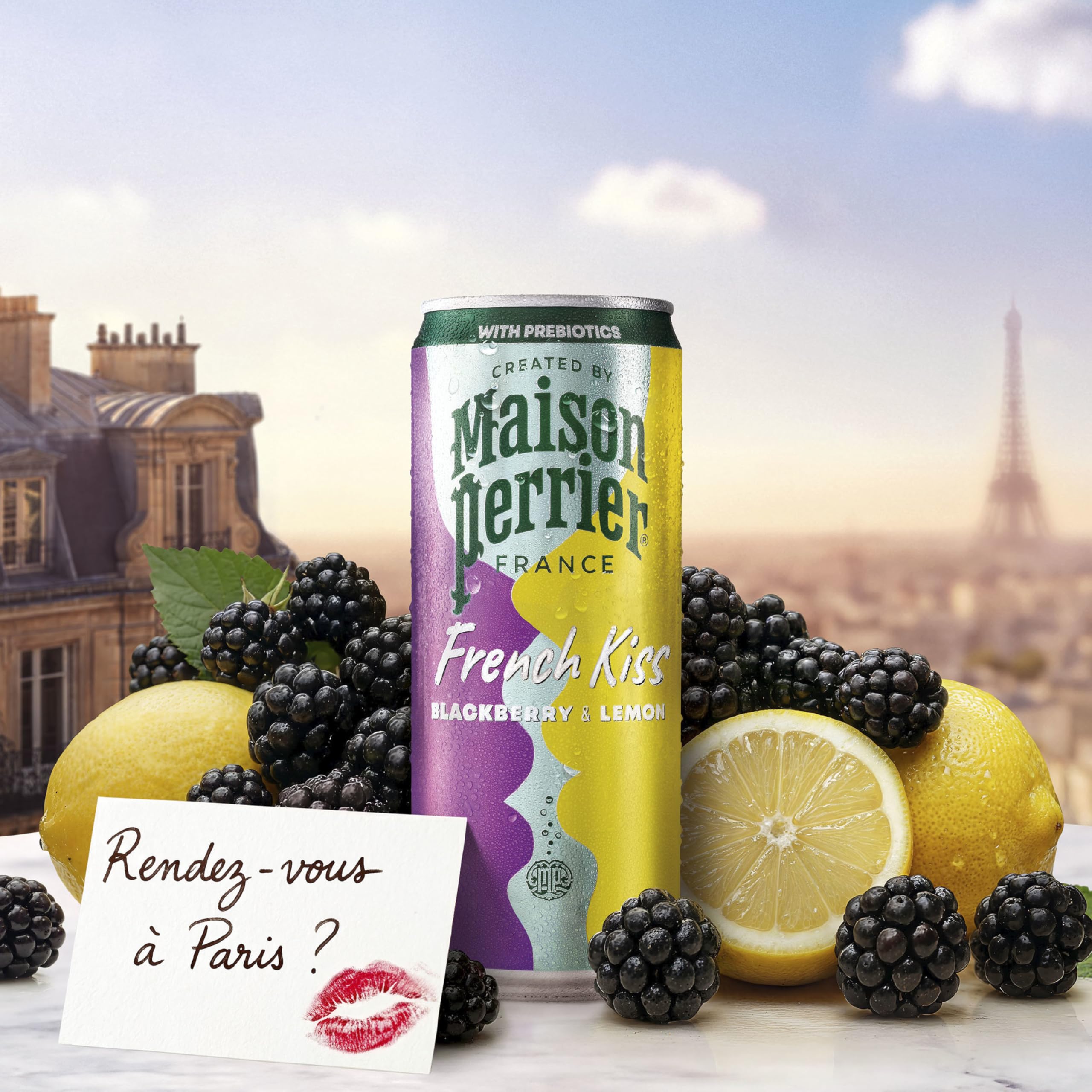 Maison Perrier French Kiss glass pouring blackberry-lemon swirls, perfect for entertaining moments.