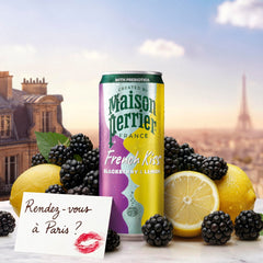 Maison Perrier French Kiss glass pouring blackberry-lemon swirls, perfect for entertaining moments.