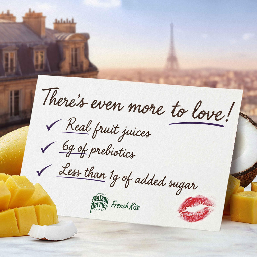 Maison Perrier French Kiss label closeup conveys Parisian craftsmanship.