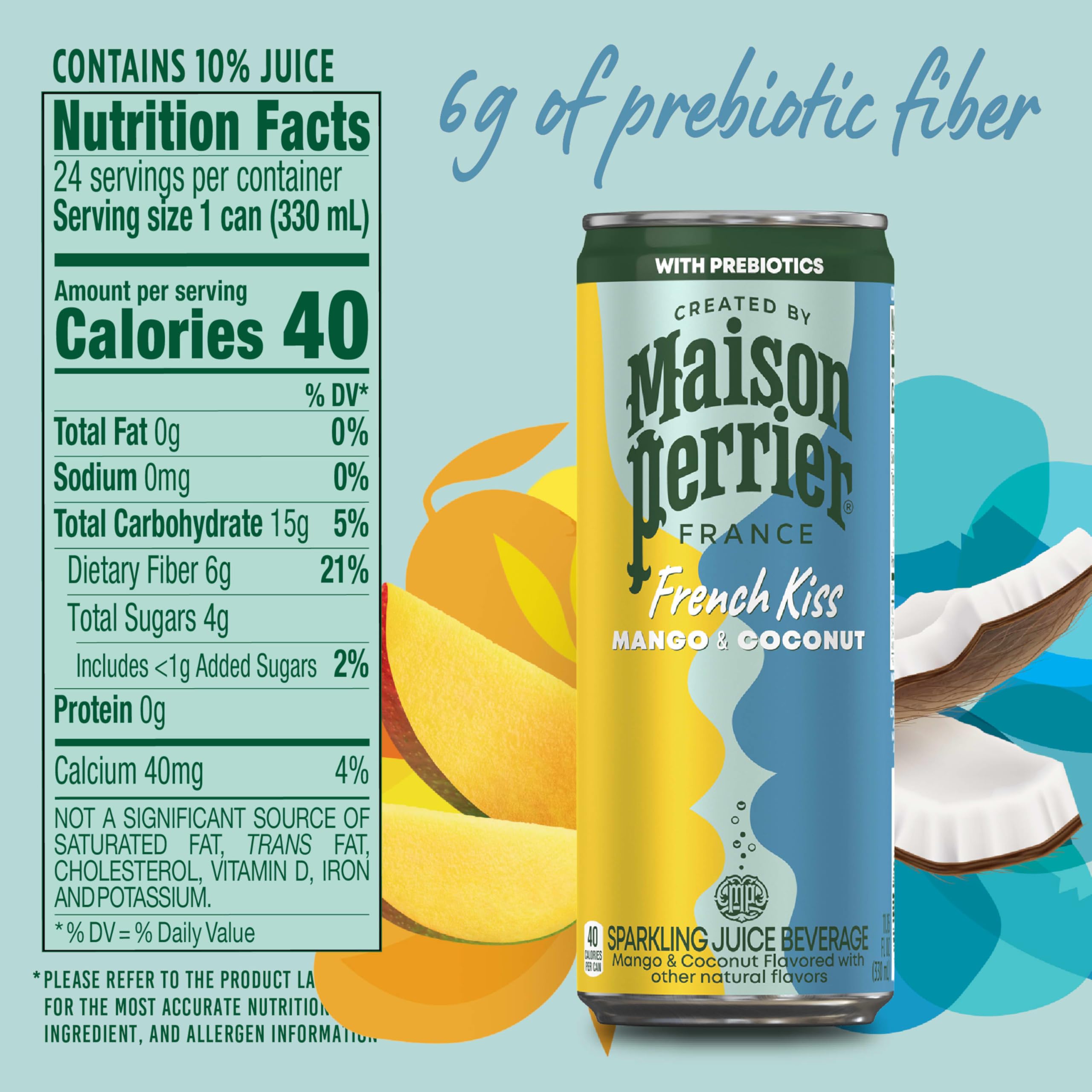 Maison Perrier French Kiss mango coconut can highlights bold bubbles and flavor.