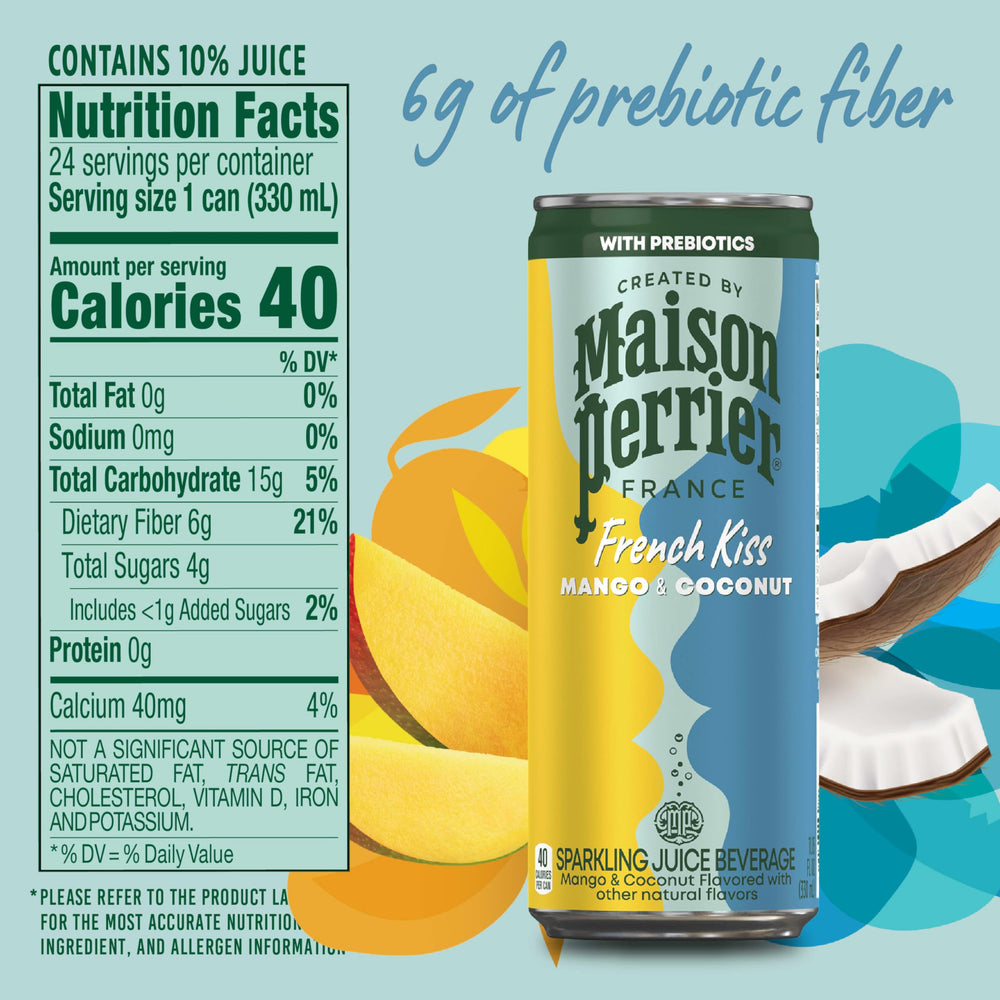Maison Perrier French Kiss mango coconut can highlights bold bubbles and flavor.