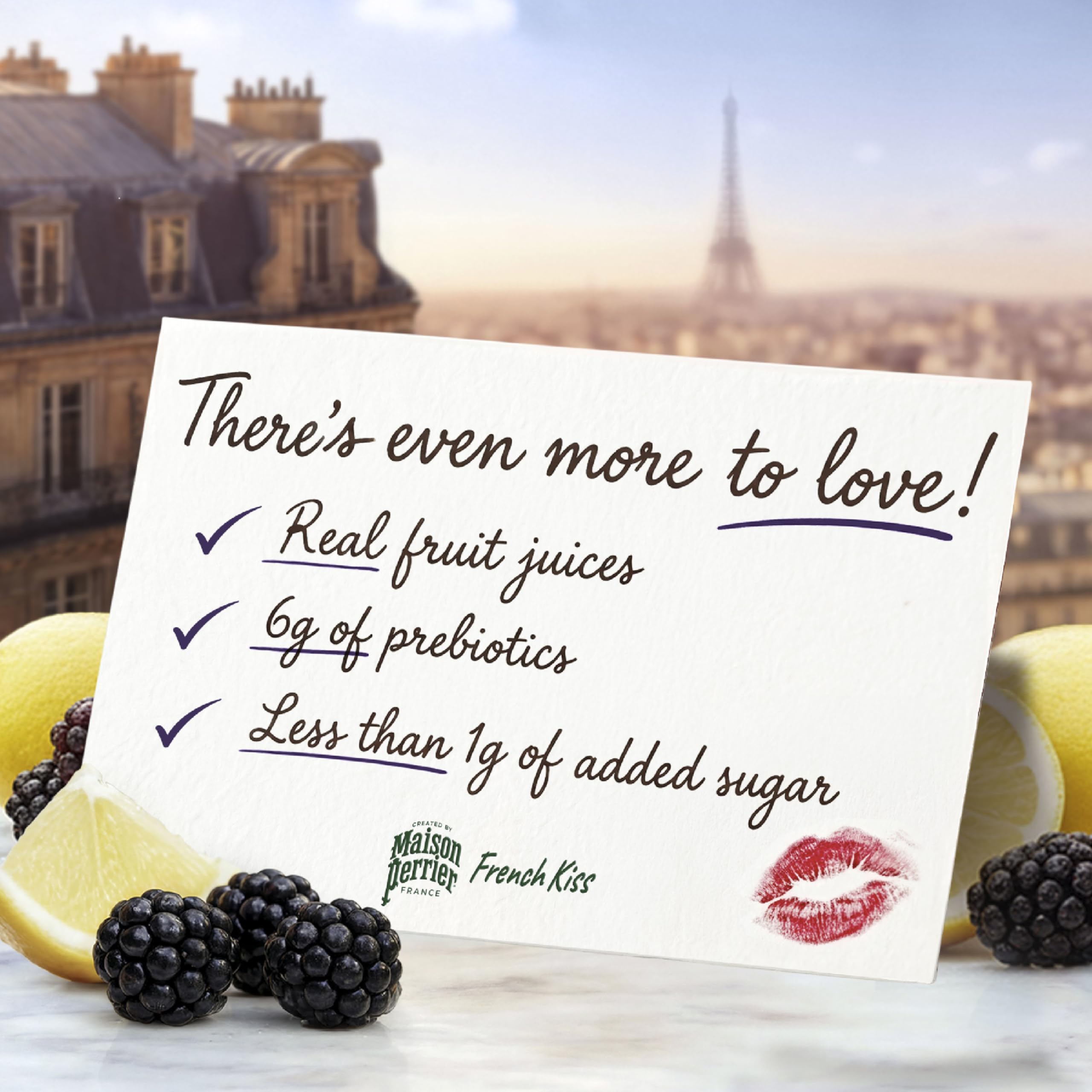 Maison Perrier French Kiss glass highlighting 6g prebiotic fiber per can for wellness.