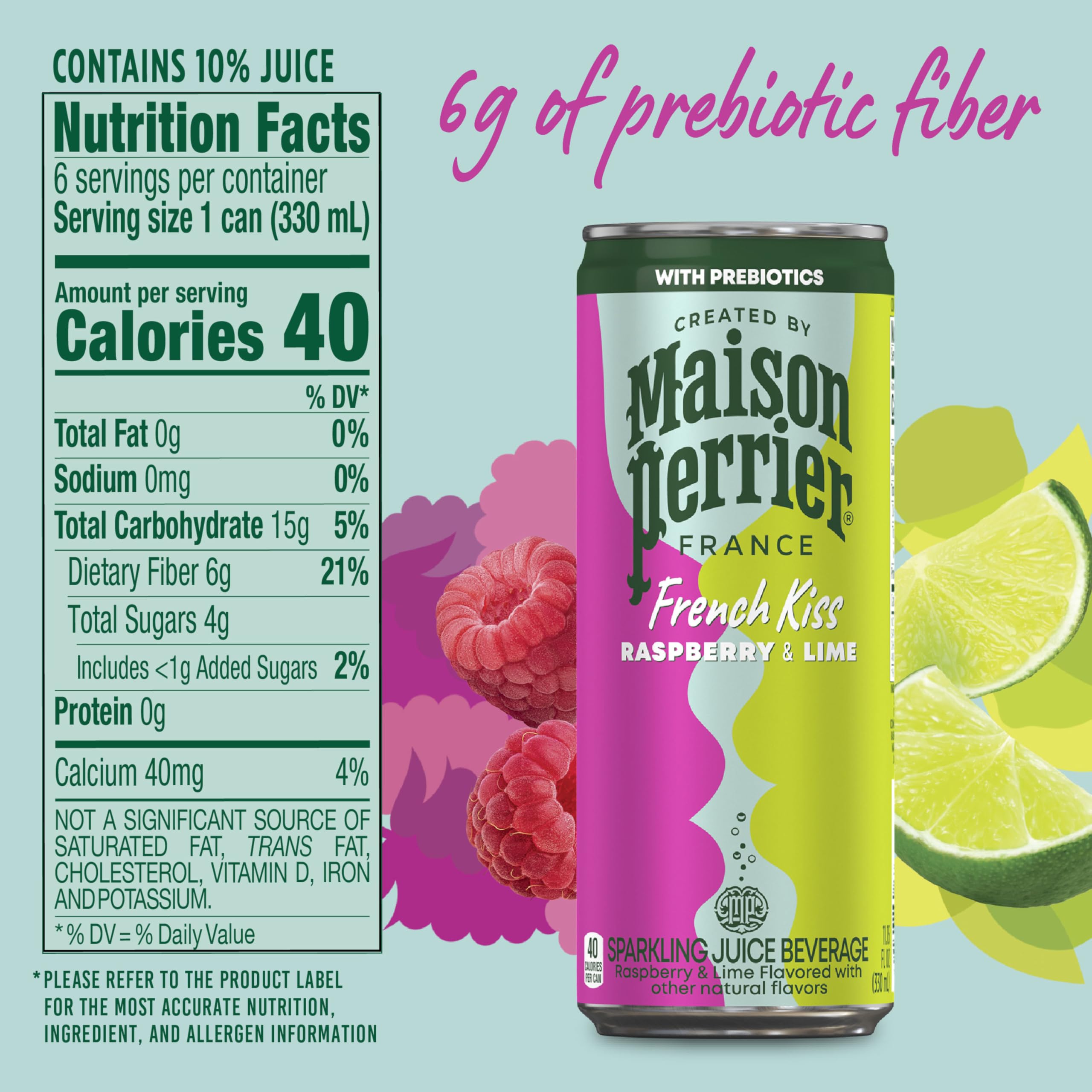 Maison Perrier French Kiss raspberry-lime can showcases sparkling flavor with subtle sweetness.