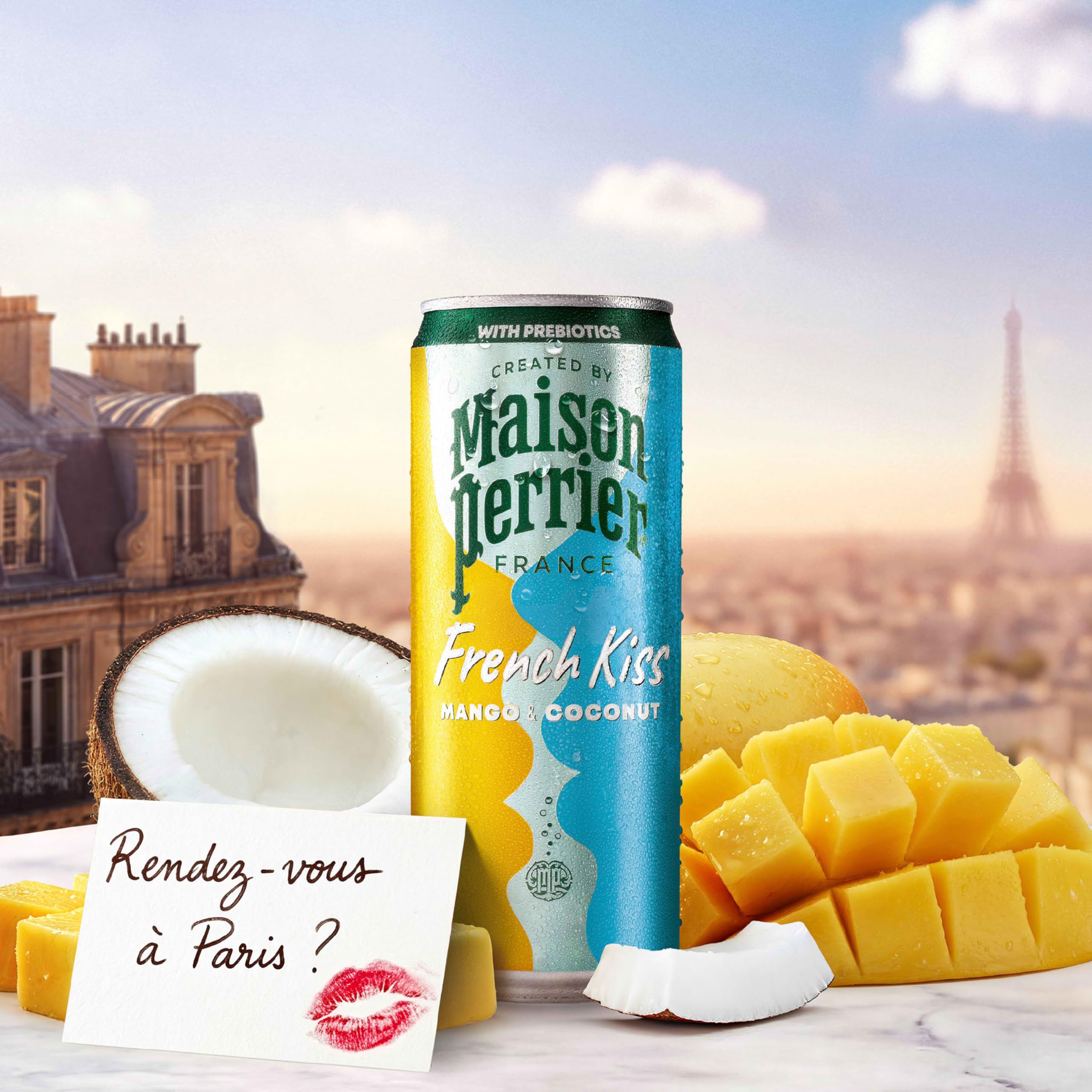 Maison Perrier French Kiss real fruit juices closeup highlights mango and coconut.