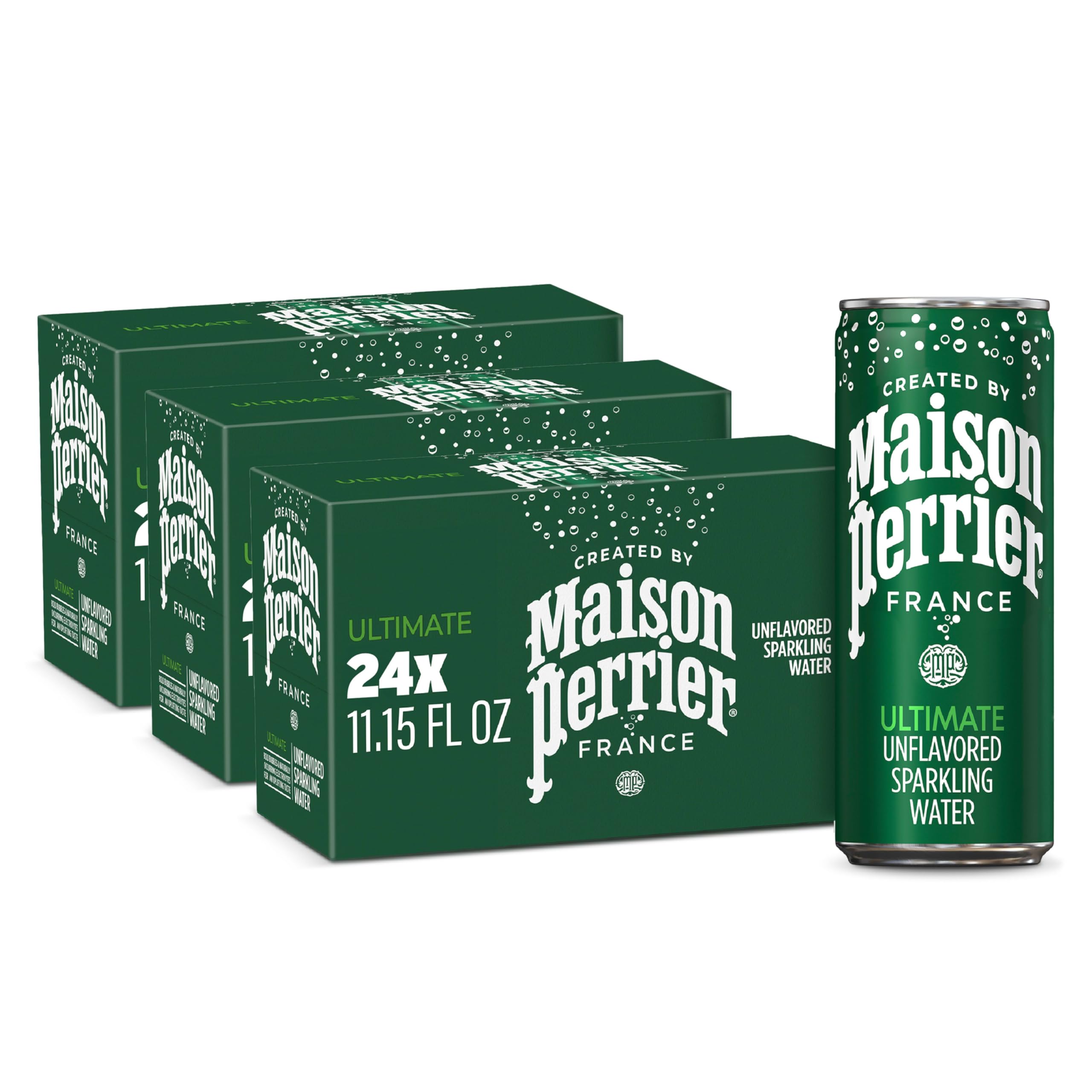 Maison Perrier Ultimate Sparkling Water can close-up with crisp bubbles for zero-calorie refreshment