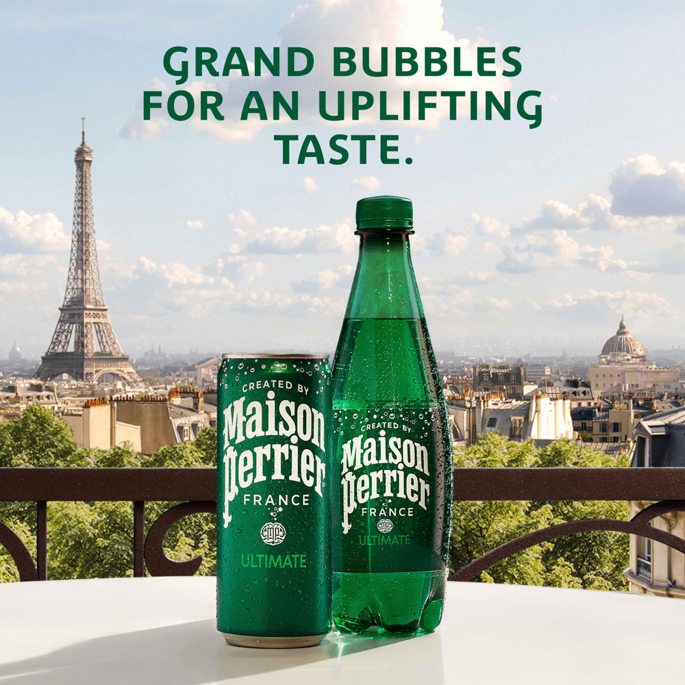Chilled Maison Perrier Ultimate glass highlights refreshing zest.