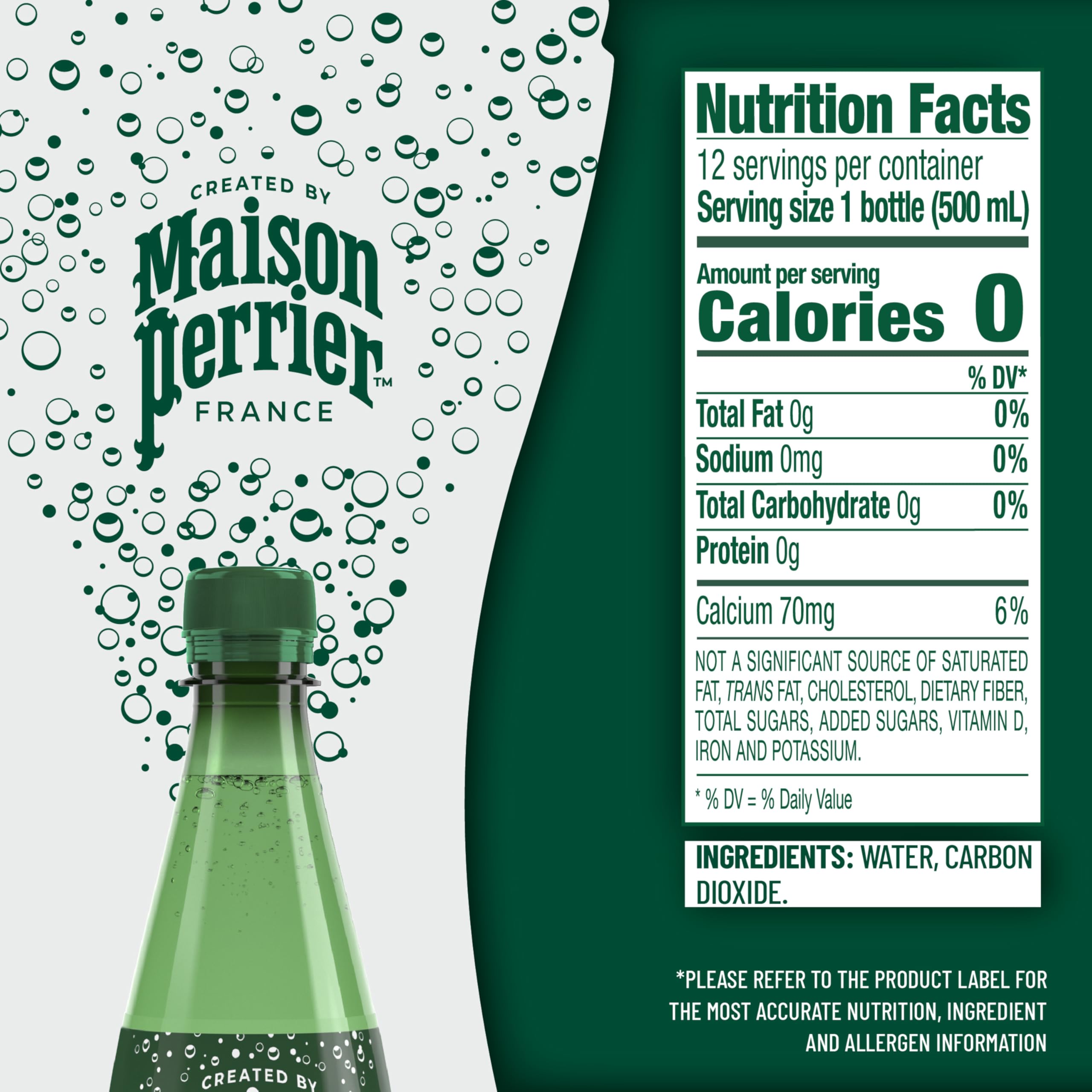 Maison Perrier unflavored sparkling water 12-pack back view, shows resealable cap for on-the-go