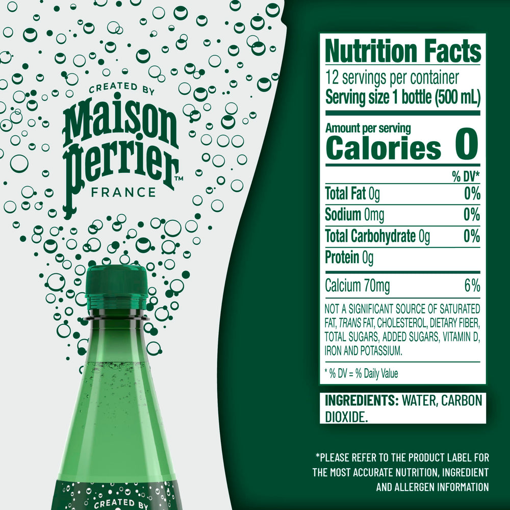 Maison Perrier unflavored sparkling water 12-pack back view, shows resealable cap for on-the-go