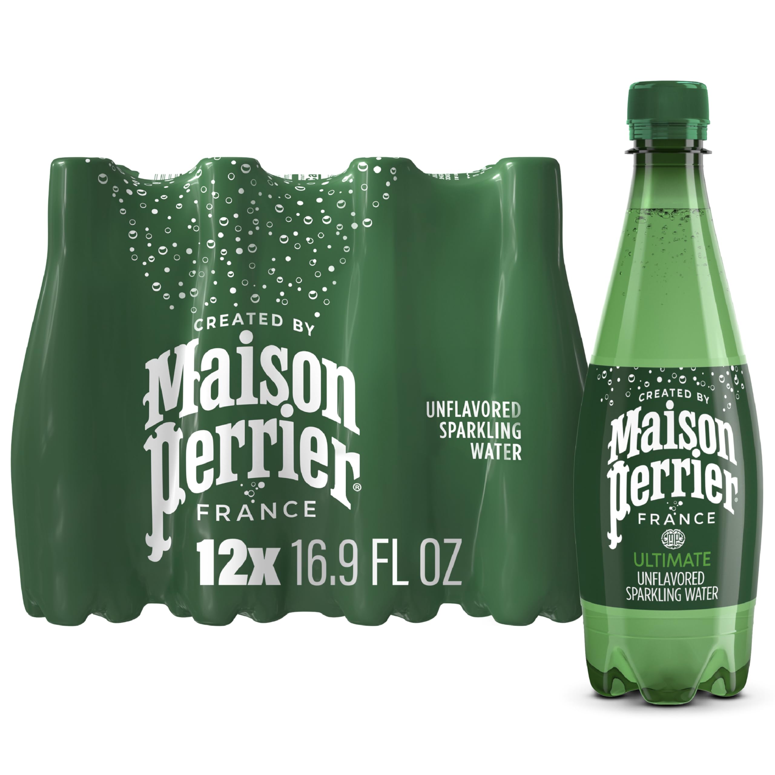 Maison Perrier unflavored sparkling water 12-pack front view, ready for travel and daily hydration