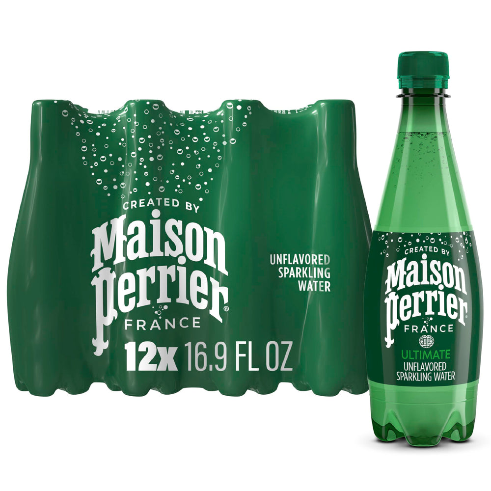Maison Perrier unflavored sparkling water 12-pack front view, ready for travel and daily hydration