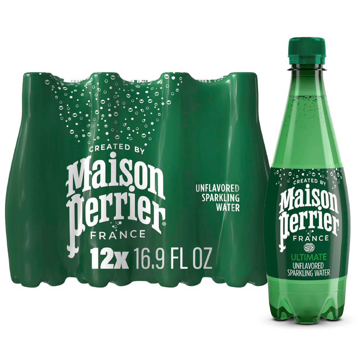Maison Perrier unflavored sparkling water 12-pack front view, ready for travel and daily hydration