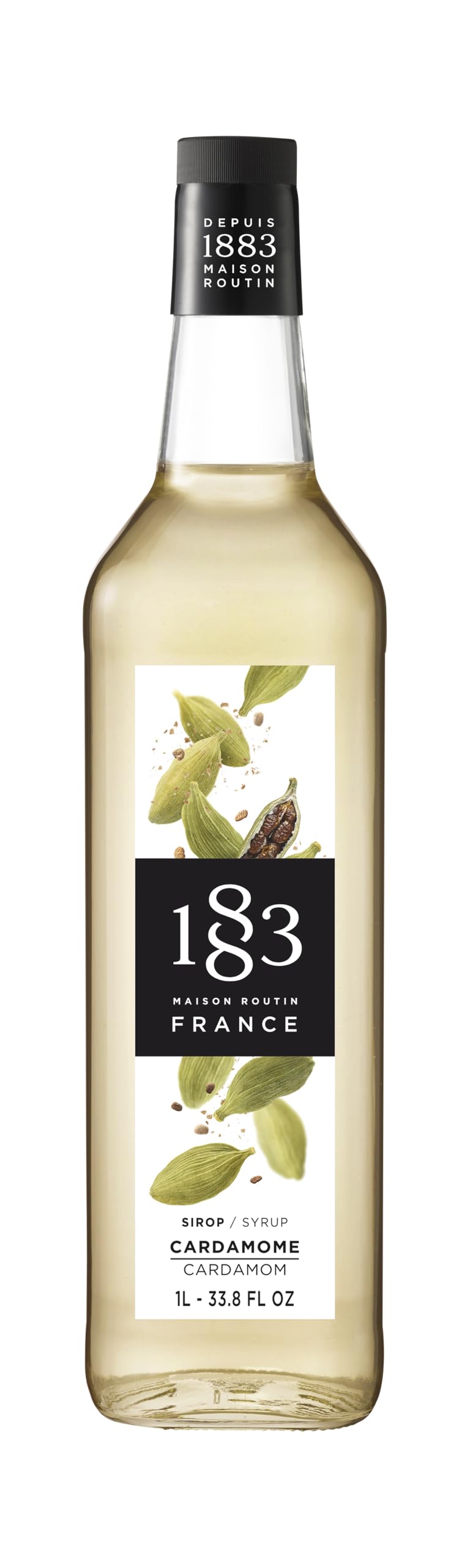 1883 Maison Routin Cardamom Syrup bottle enhances cocktails and teas with fragrant floral spice.