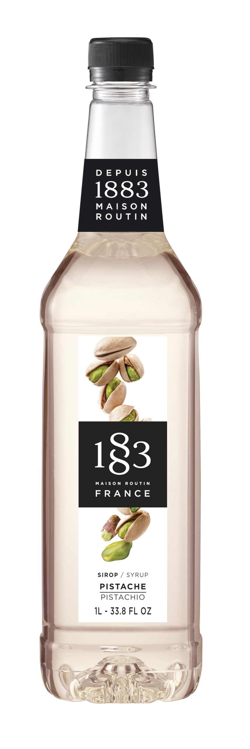 1883 Pistachio Syrup bottle showcasing premium French flavor for beverages.