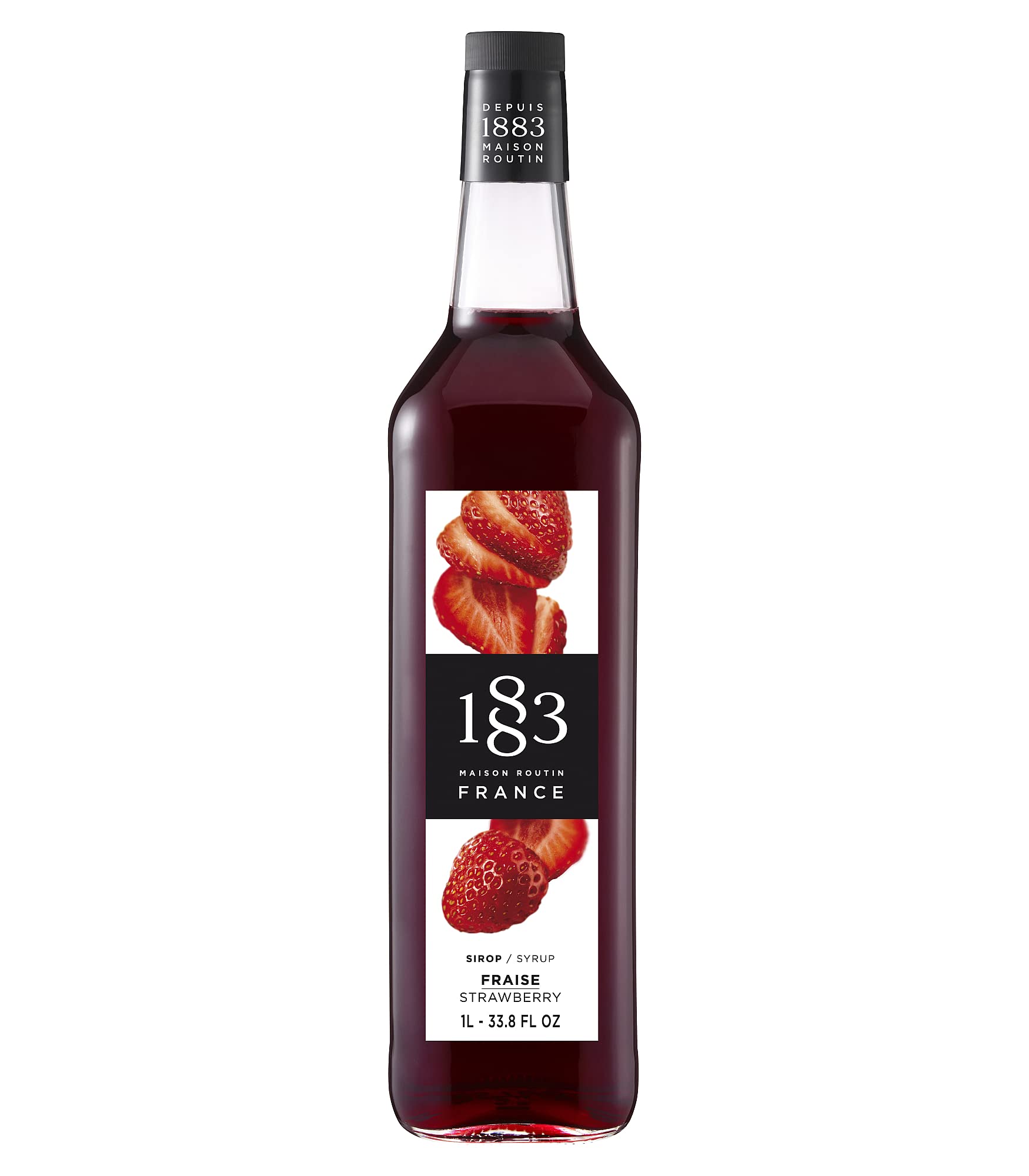 1883 Maison Routin strawberry syrup bottle adds pure French flavor to drinks.