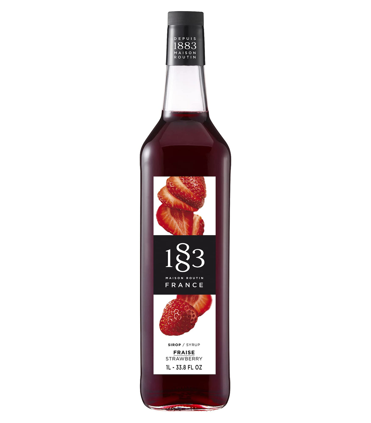 1883 Maison Routin strawberry syrup bottle adds pure French flavor to drinks.