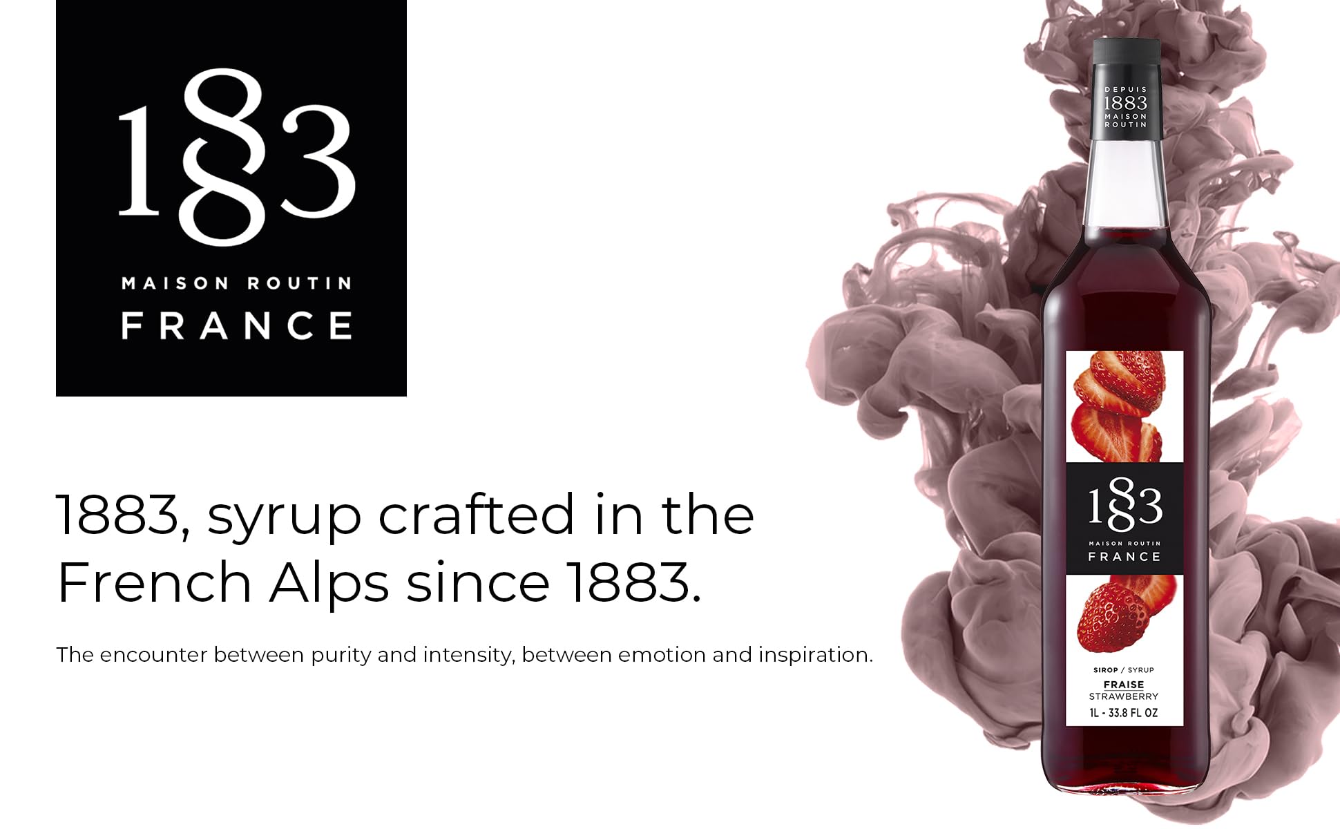 1883 strawberry syrup comes in a 1-liter glass bottle for generous use.