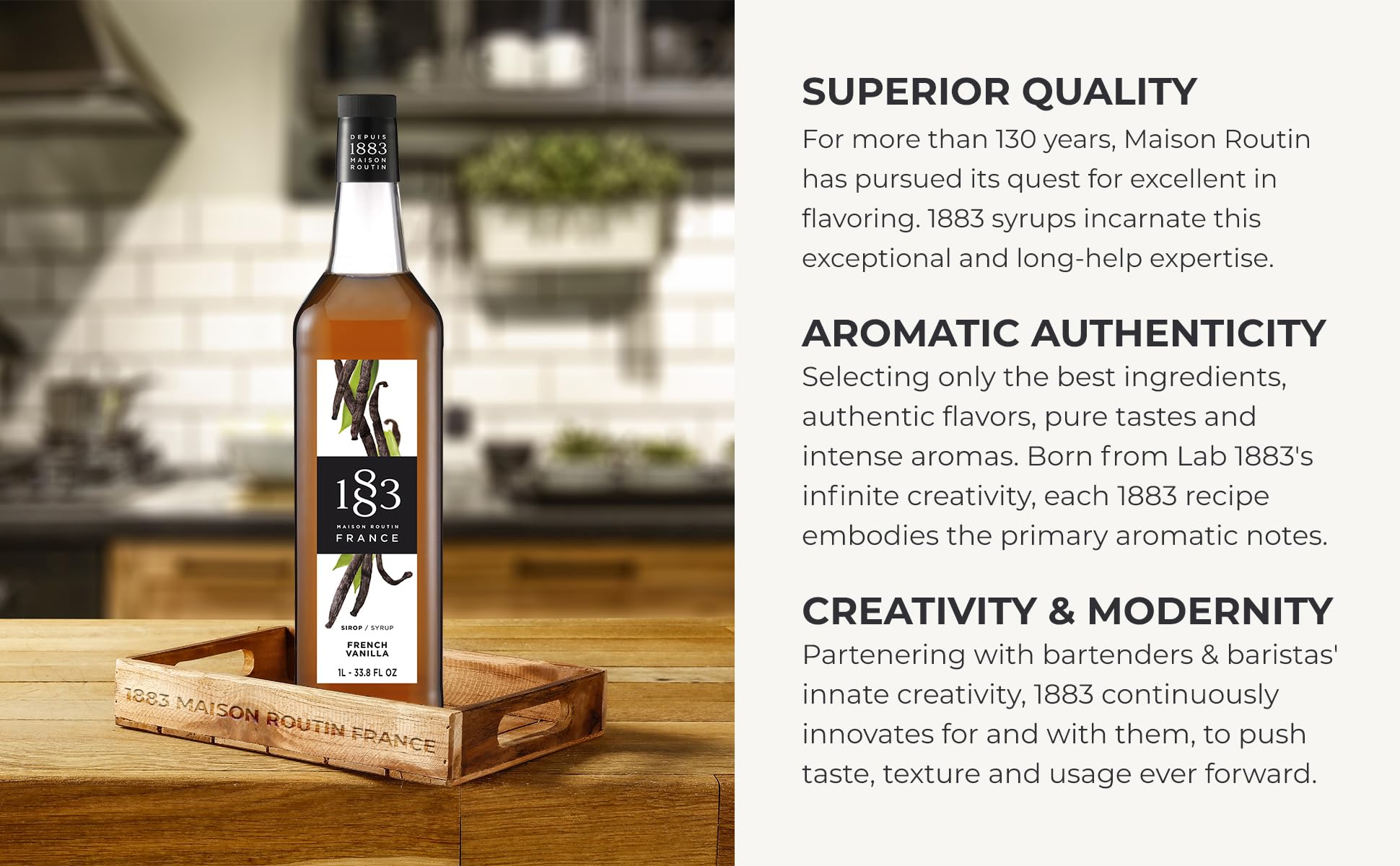 1883 Maison Routin vanilla syrup bottle 1-liter, elegant professional packaging.