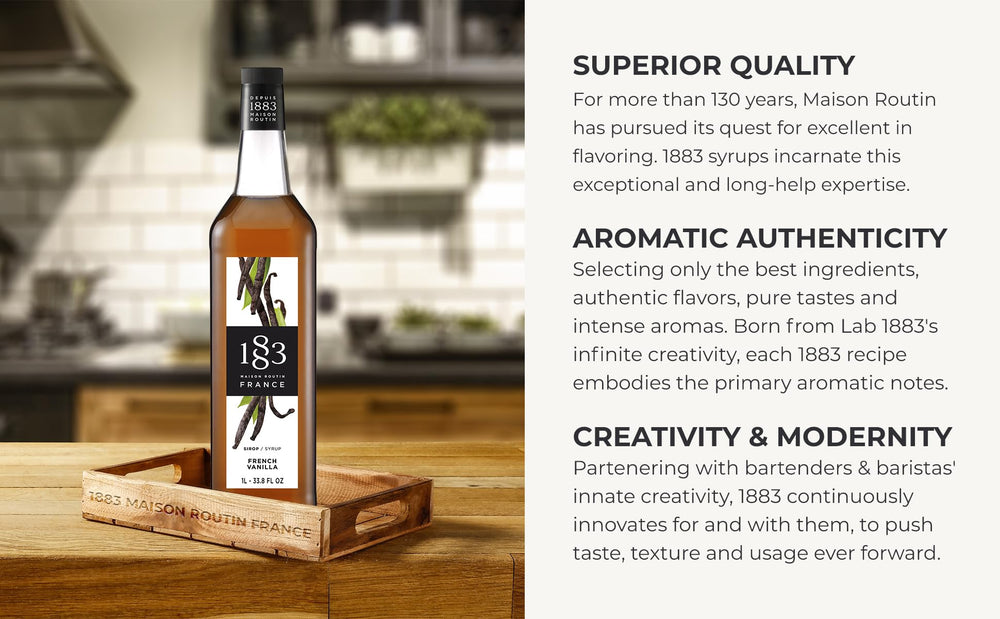 1883 Maison Routin vanilla syrup bottle 1-liter, elegant professional packaging.