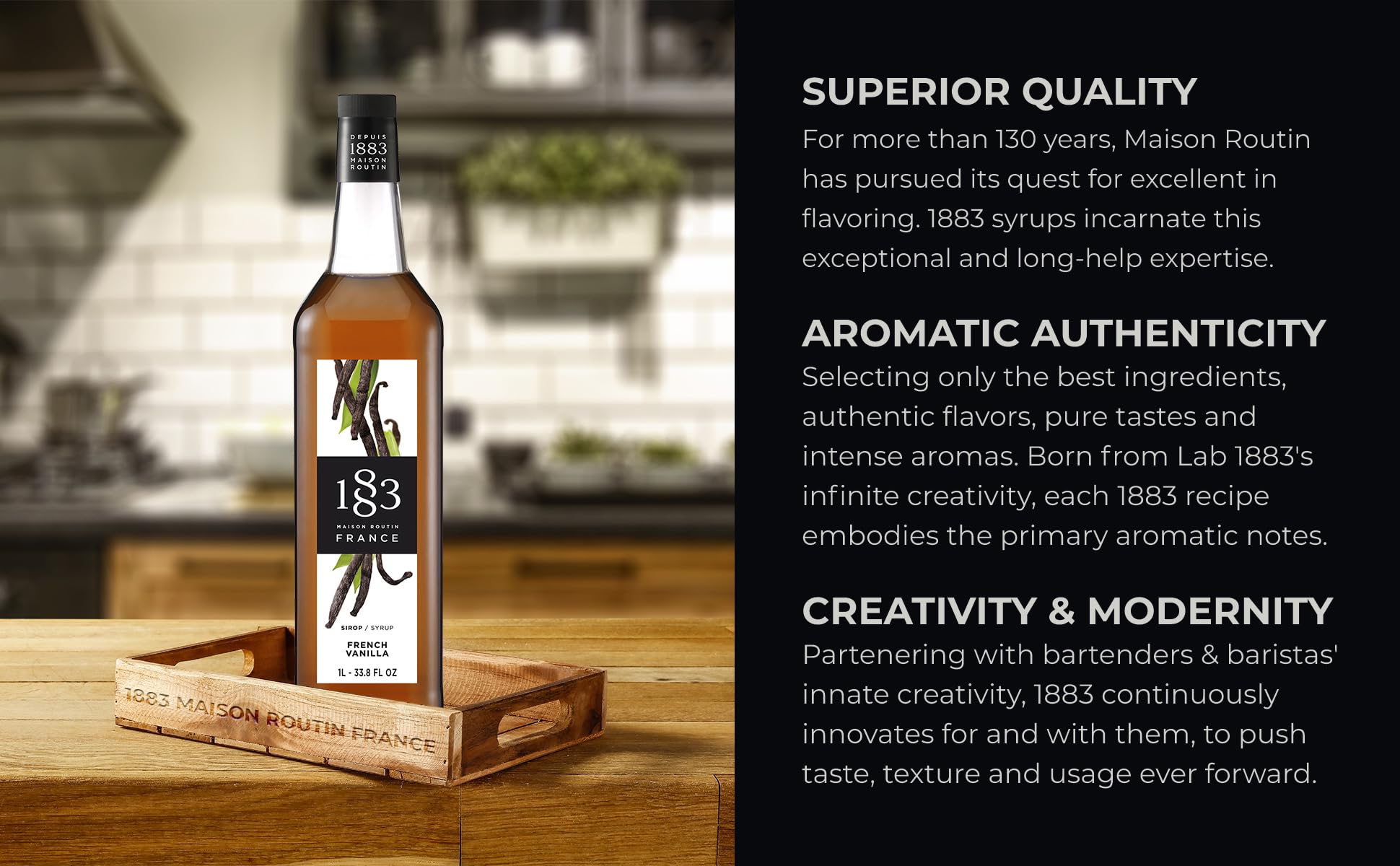1883 Maison Routin vanilla syrup in a coffee setup for barista-quality drinks.