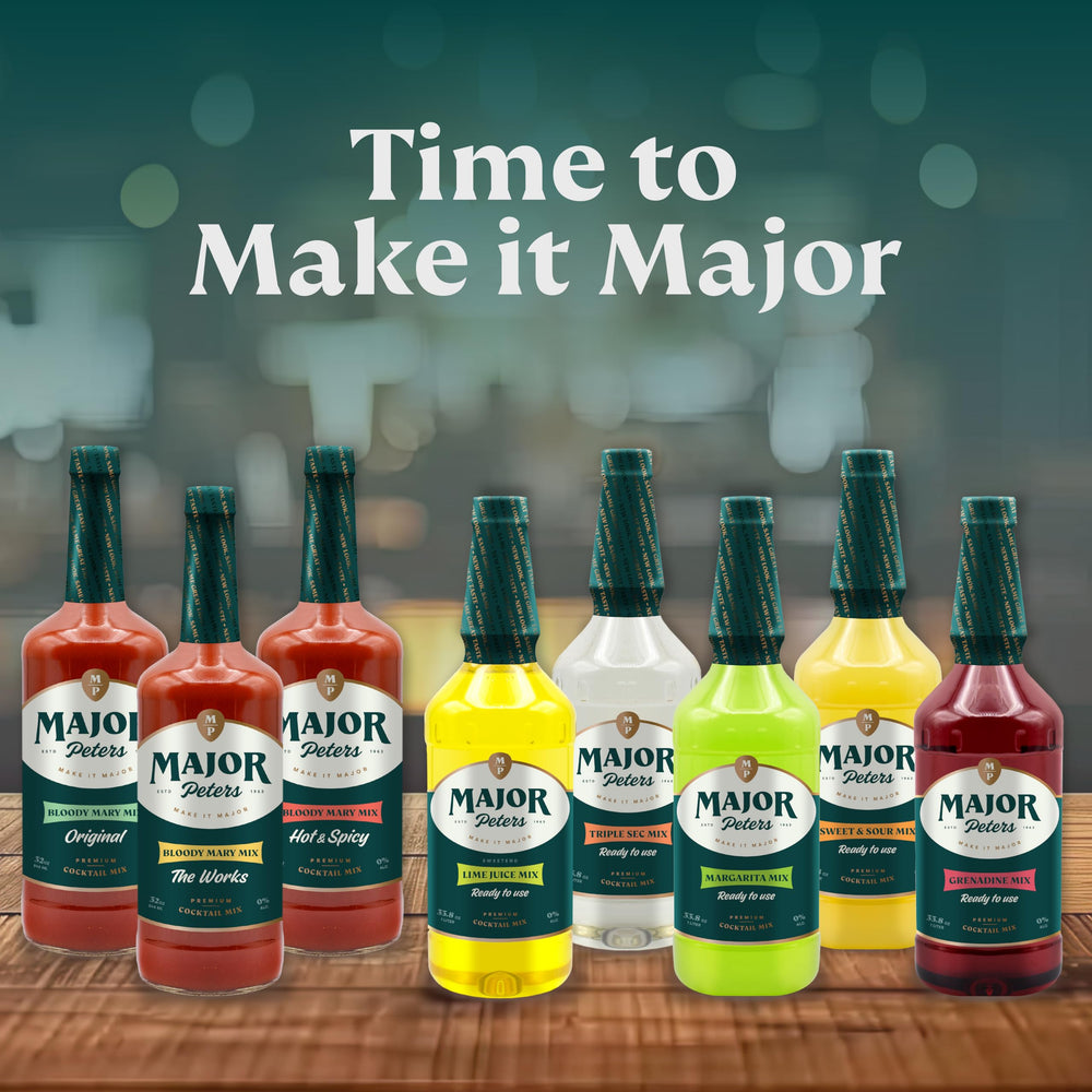 Garnish-ready setup featuring Major Peters' mix and classic olives.