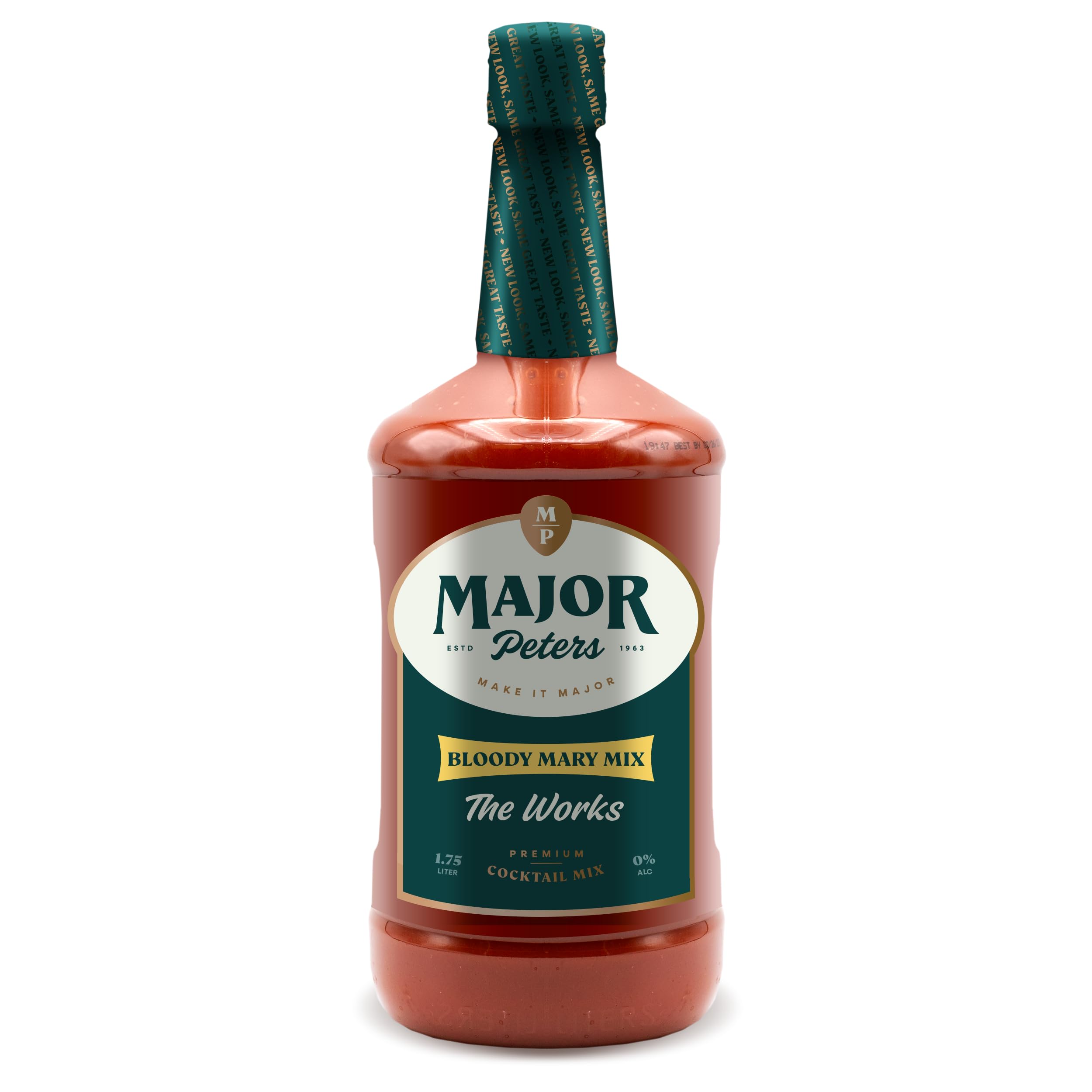 Major Peters' Premium Bloody Mary Mix tomato-forward bottle pour for bold flavor.